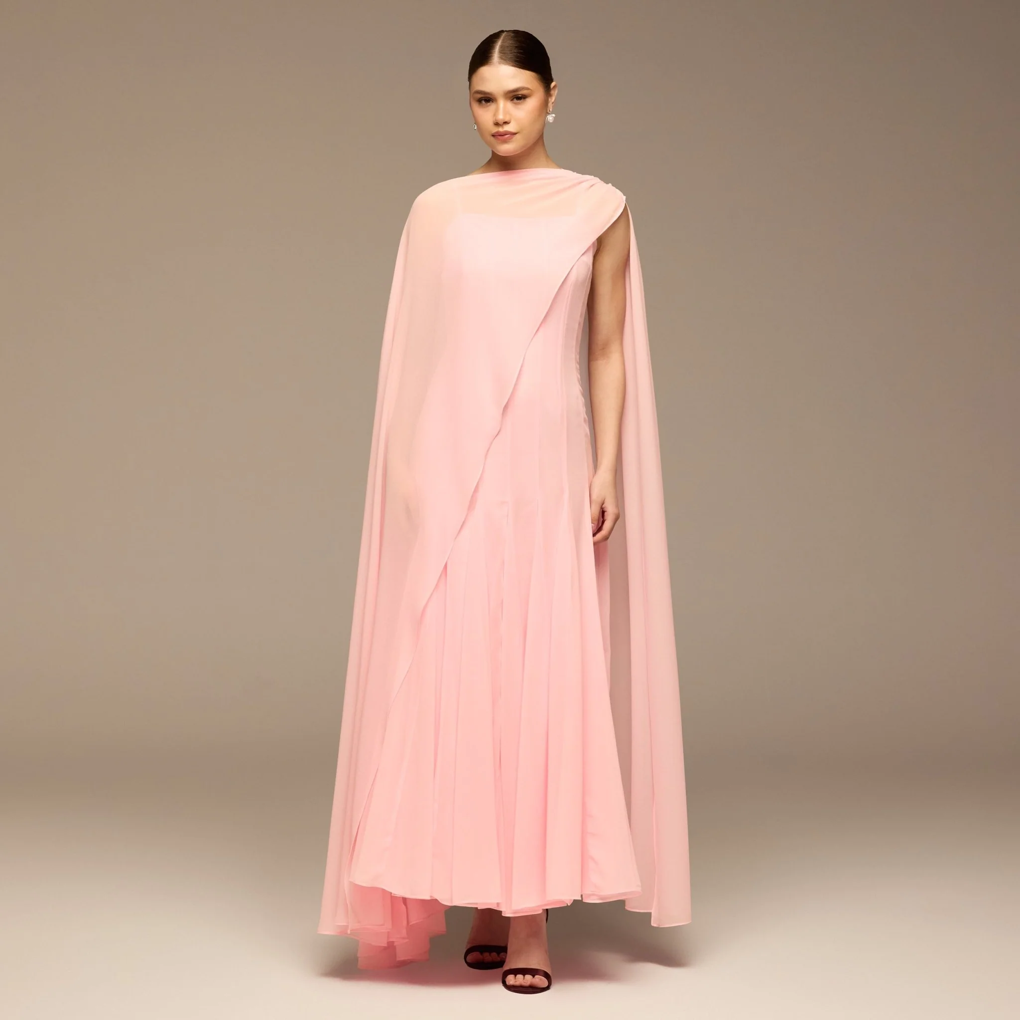 Light Pink Spaghetti Strap Maxi Dress with Sheer Chiffon Cape - Image 2
