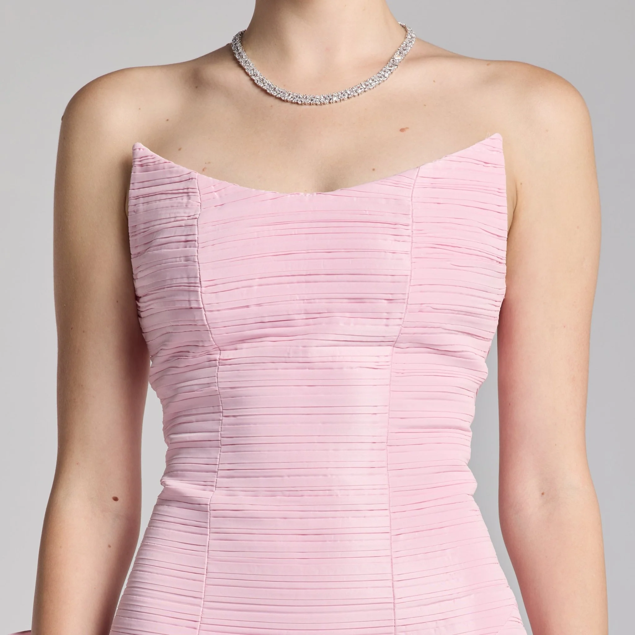Light Pink Strapless Ruched Taffeta Gown - Image 4
