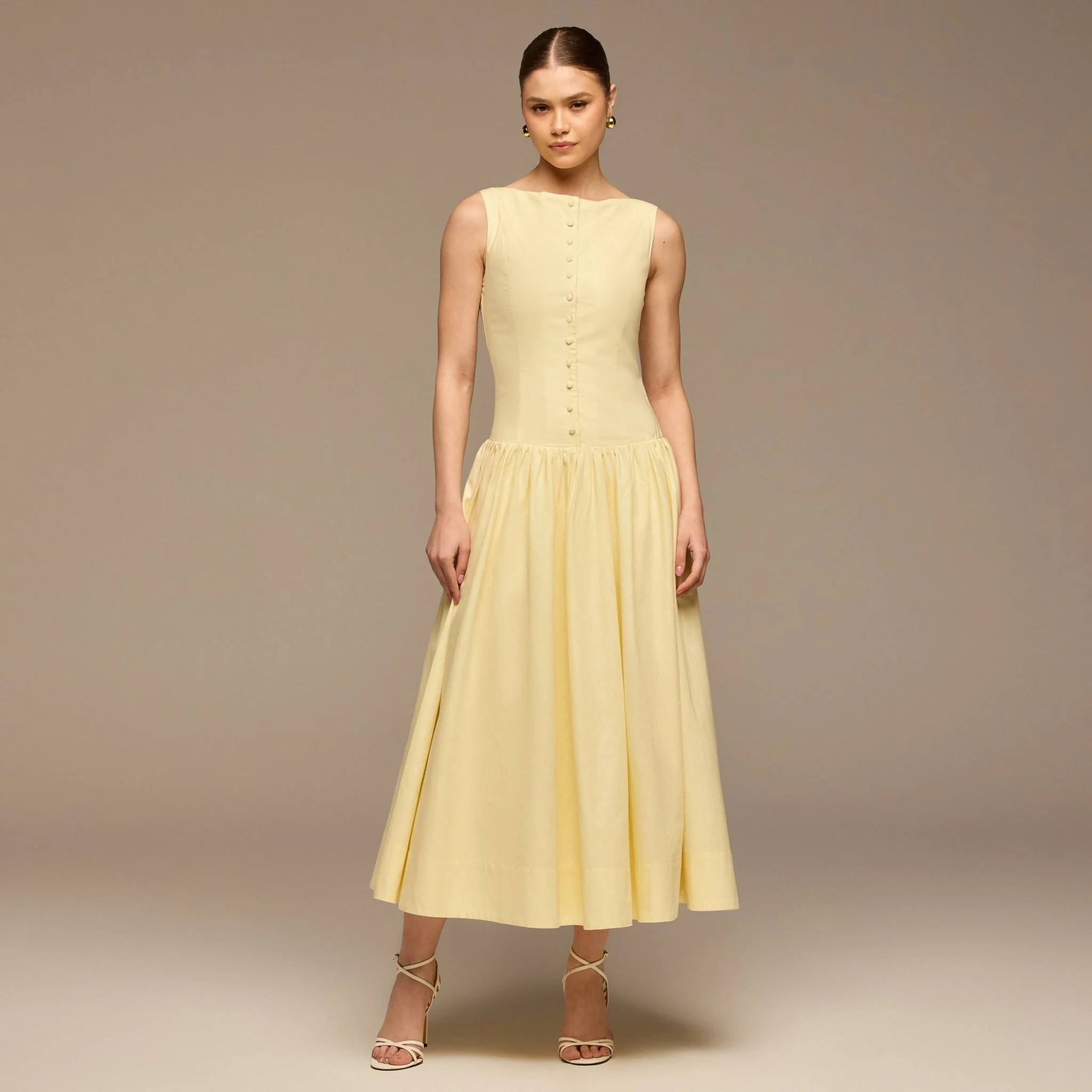Light Yellow Button-Front Linen Midi Dress