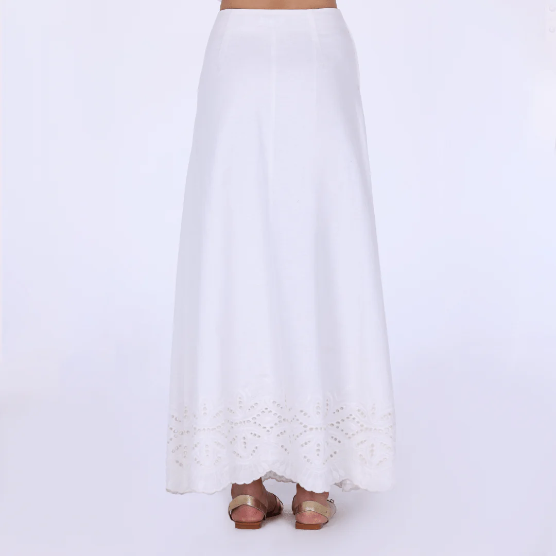 White Linen-Blend A-Line Midi Skirt with Front Buttons - Image 3