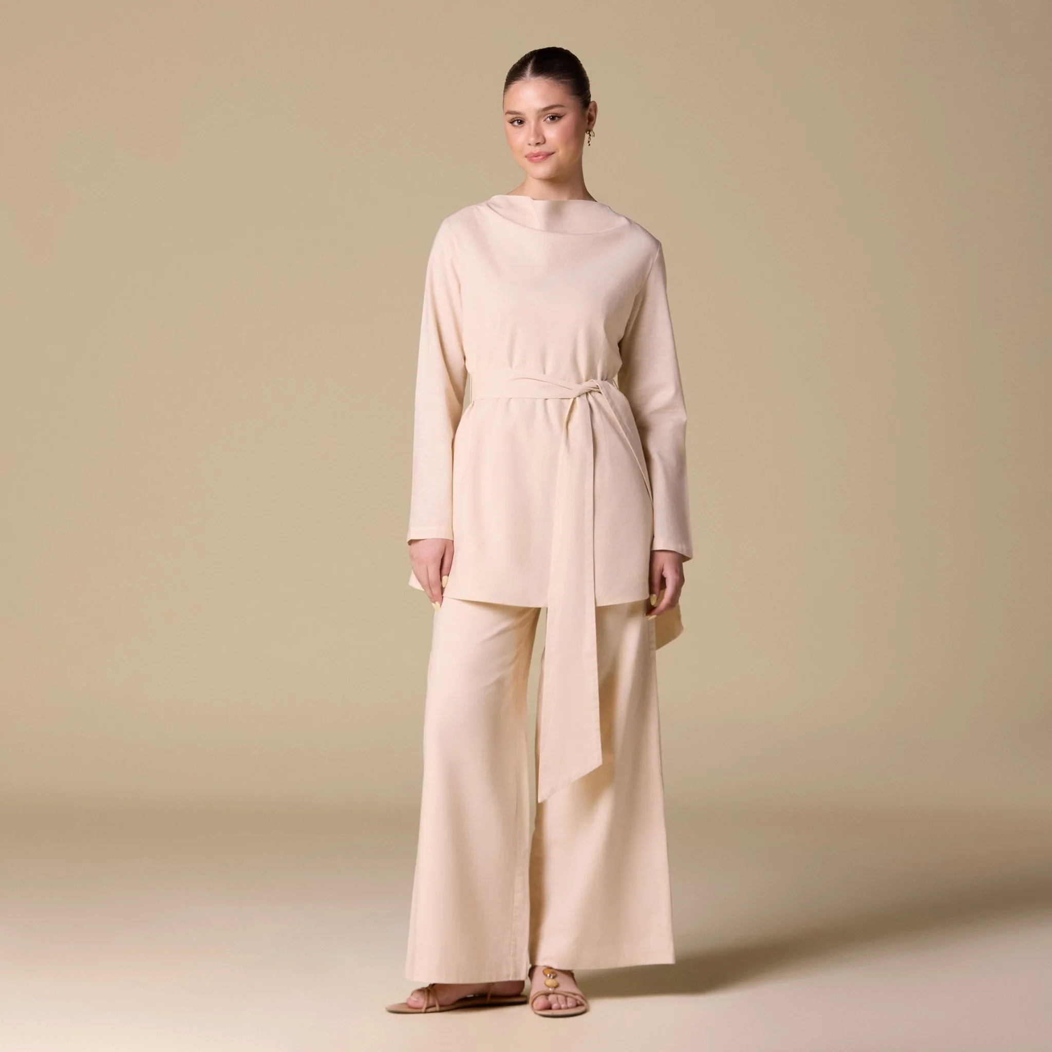 Beige Linen Blend Boat Neck Top with Side Tie - Image 3