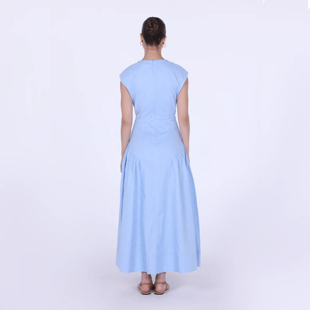 Light Blue Linen Blend Cap Sleeves Stitch A Line Dress - Image 4