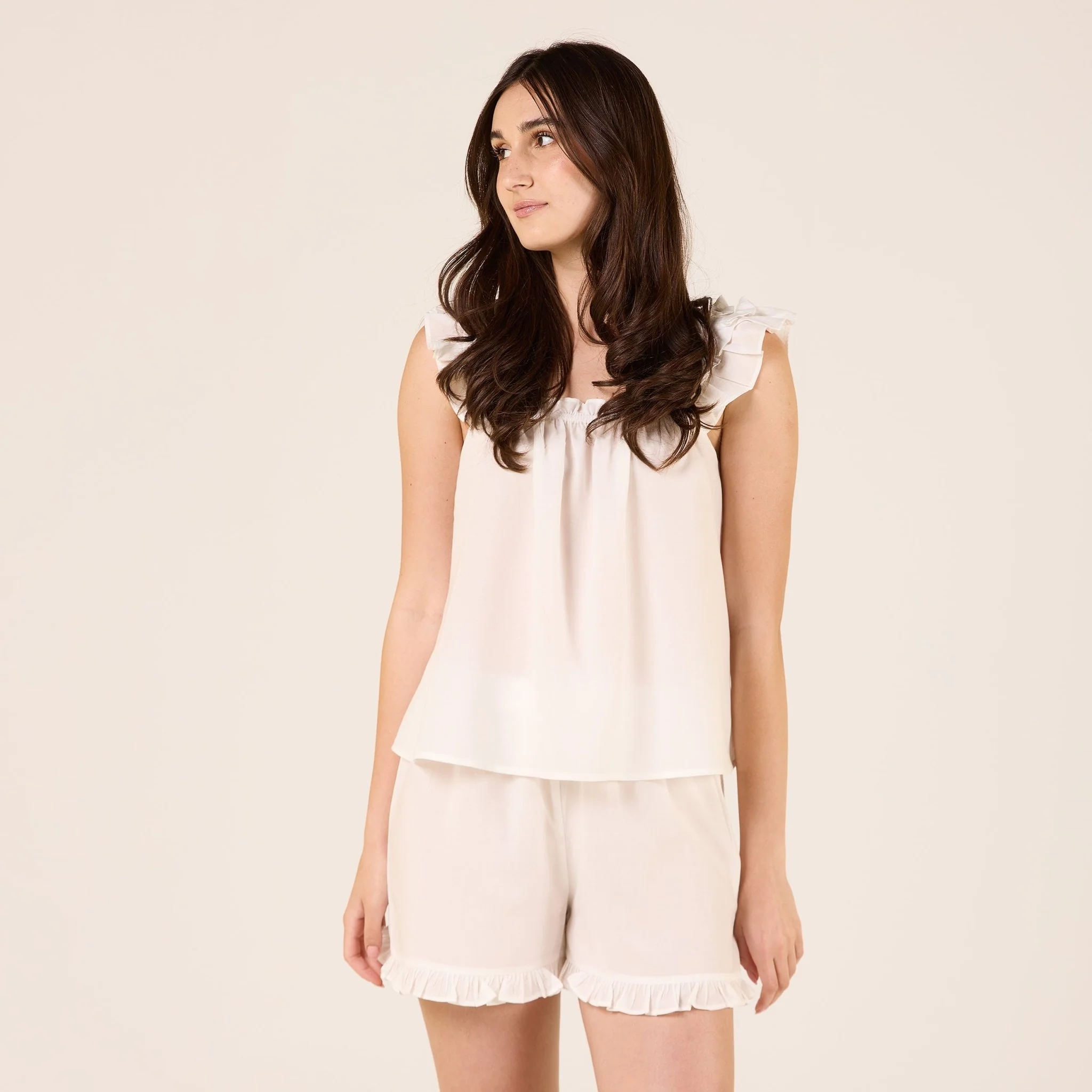 White Linen Blend Frill Trim Top - Image 2