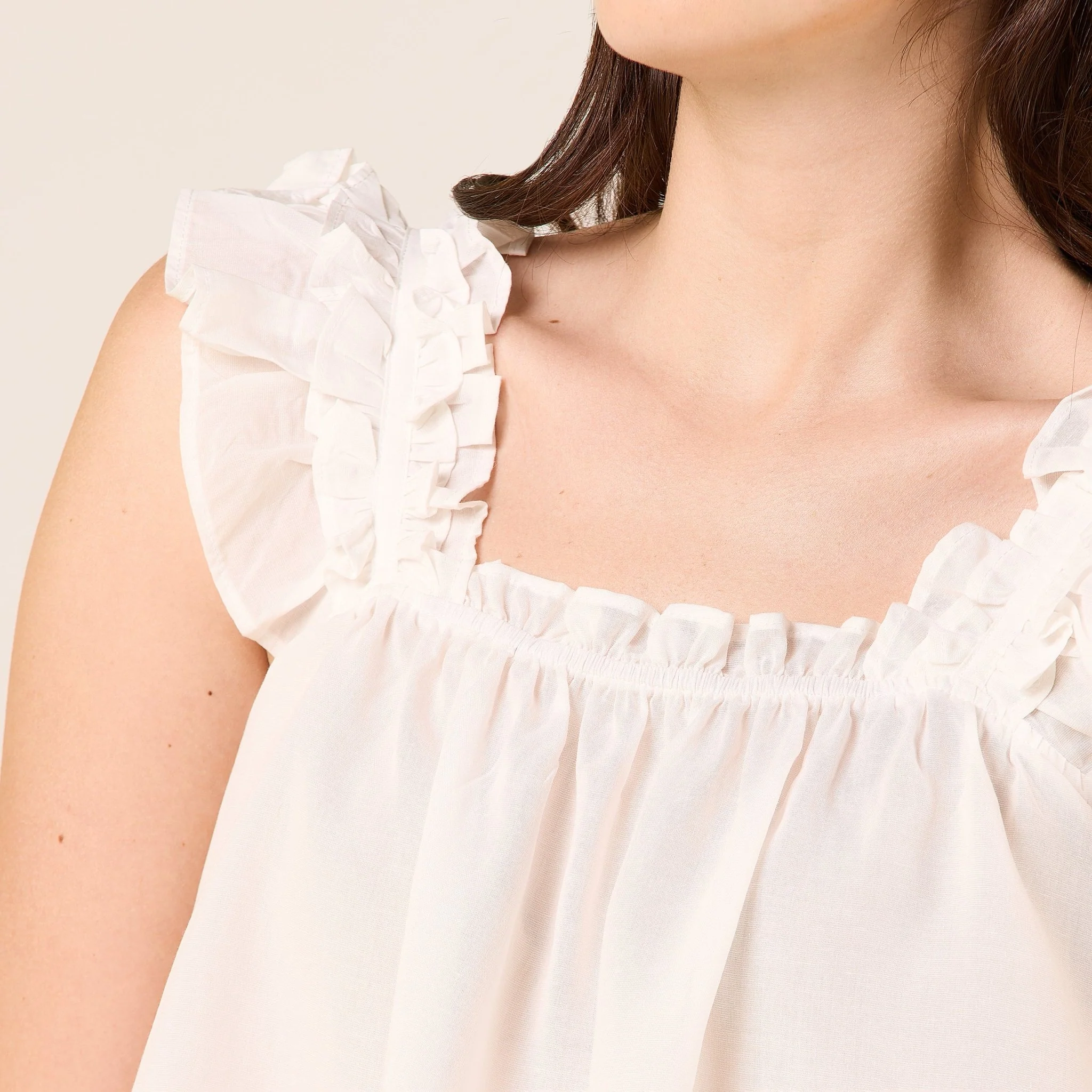 White Linen Blend Frill Trim Top