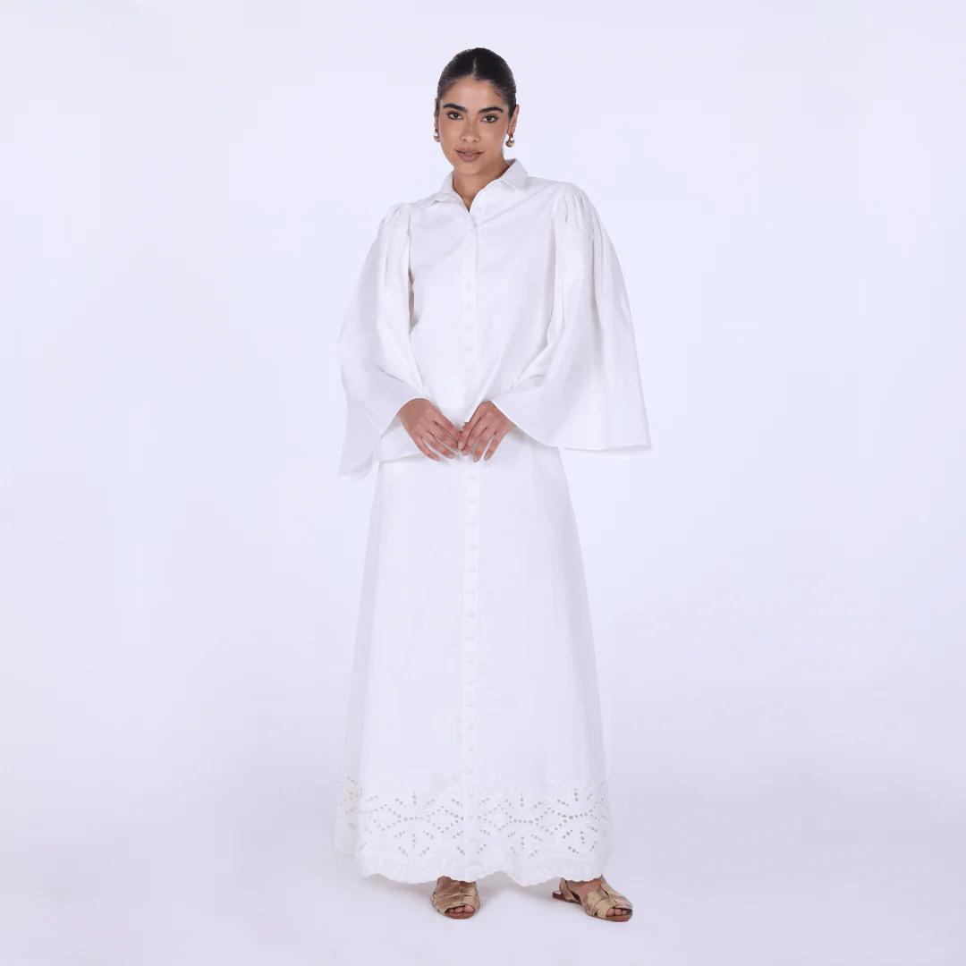 White Linen-Blend Top with Pleated Sleeves - Image 2