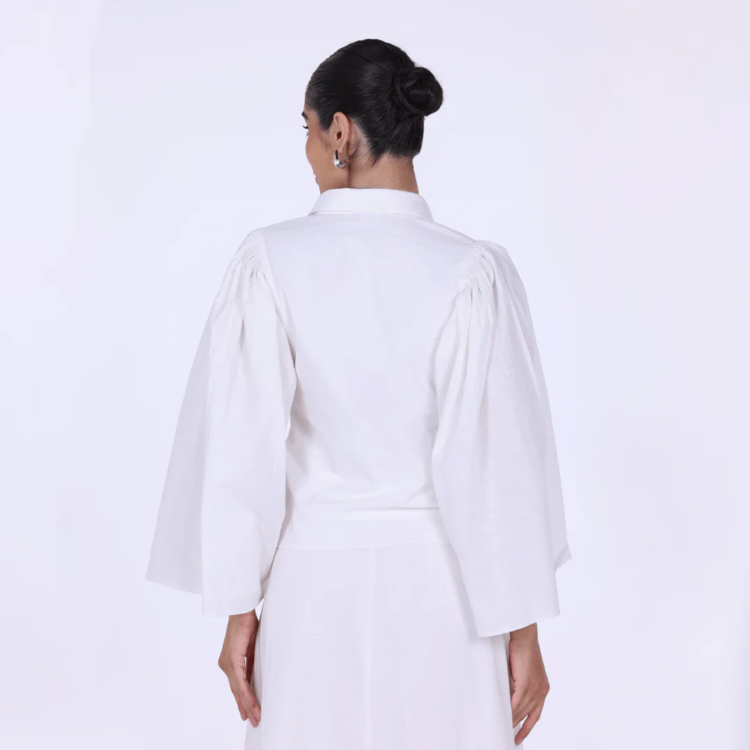 White Linen-Blend Top with Pleated Sleeves - Image 3