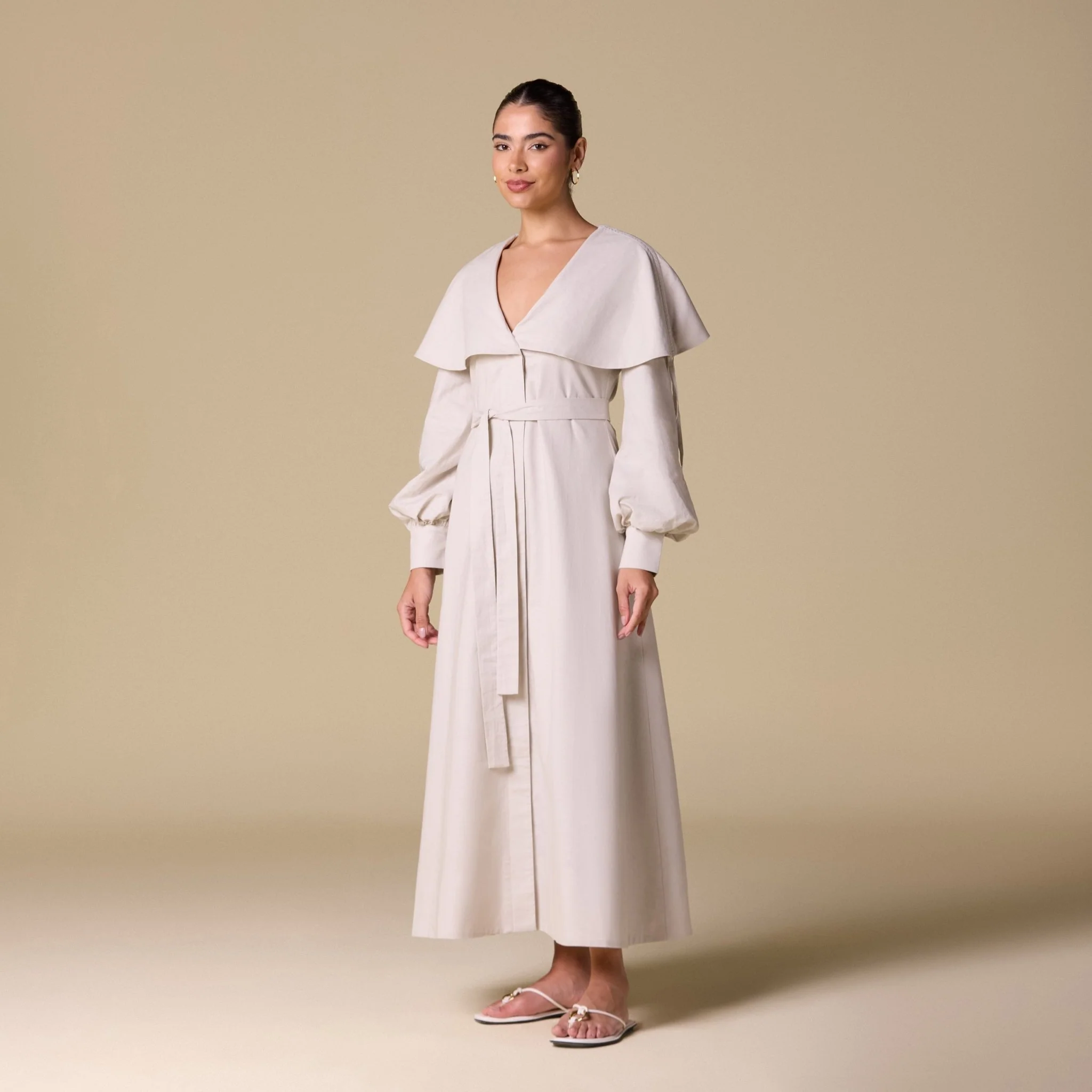 Linen Blend Wide Folded Collar Midi Dress - Image 2