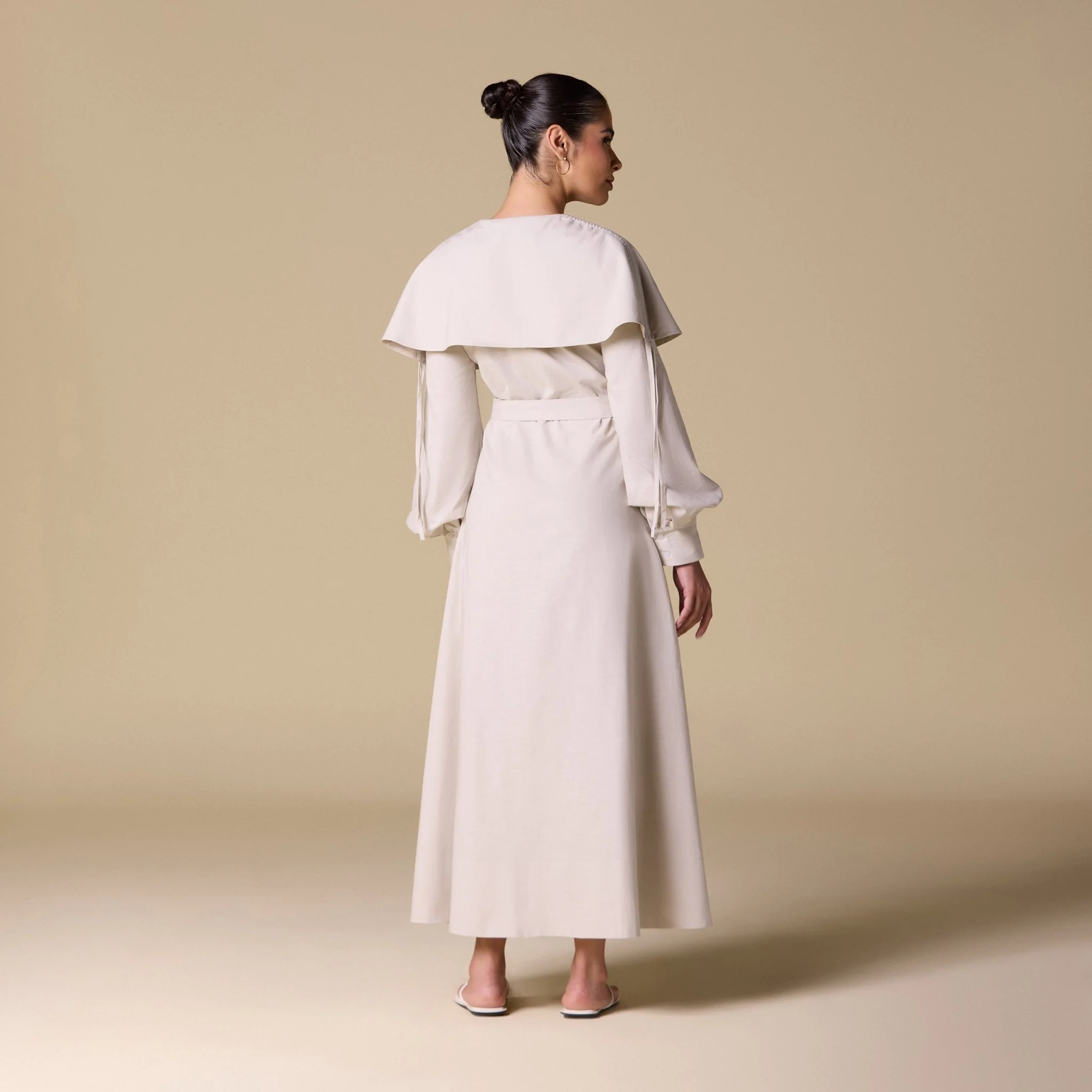 Linen Blend Wide Folded Collar Midi Dress - Image 4