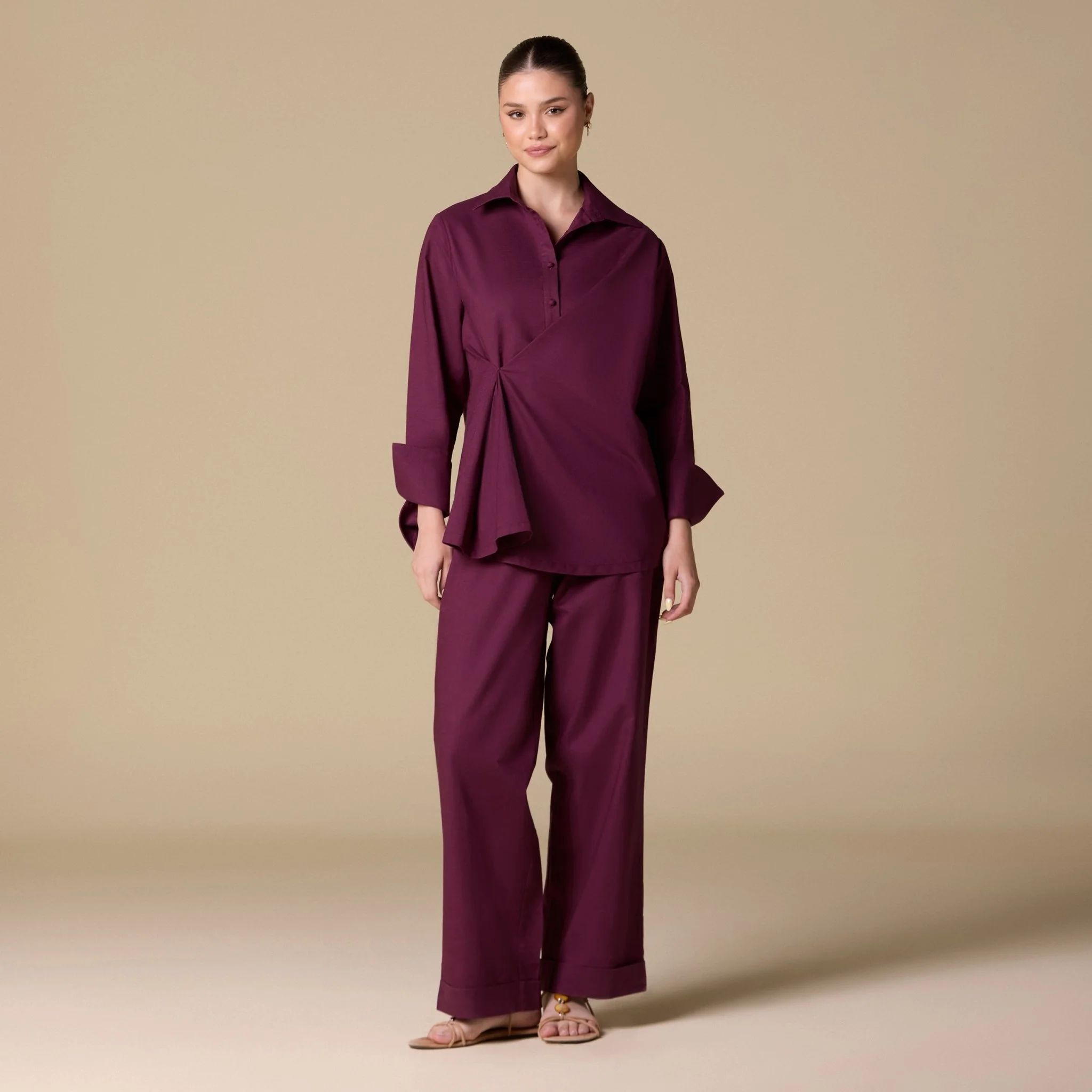Burgundy Linen Cuffed Shirt with Side Button - Image 3