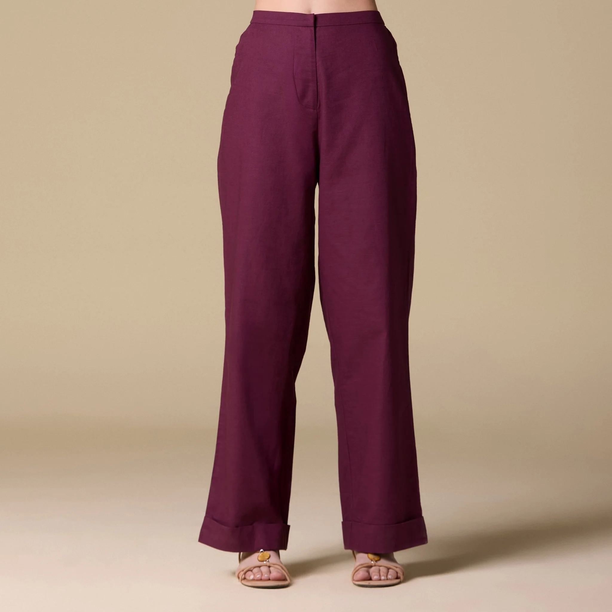 Burgundy Linen Folded Hem Wide Leg Pants