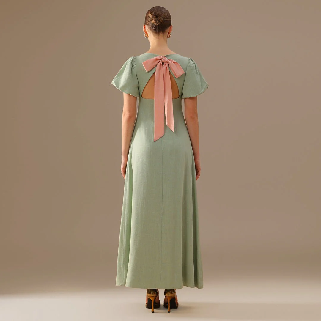 Mint Green Boat Neck Back Bow Maxi Dress - Image 4