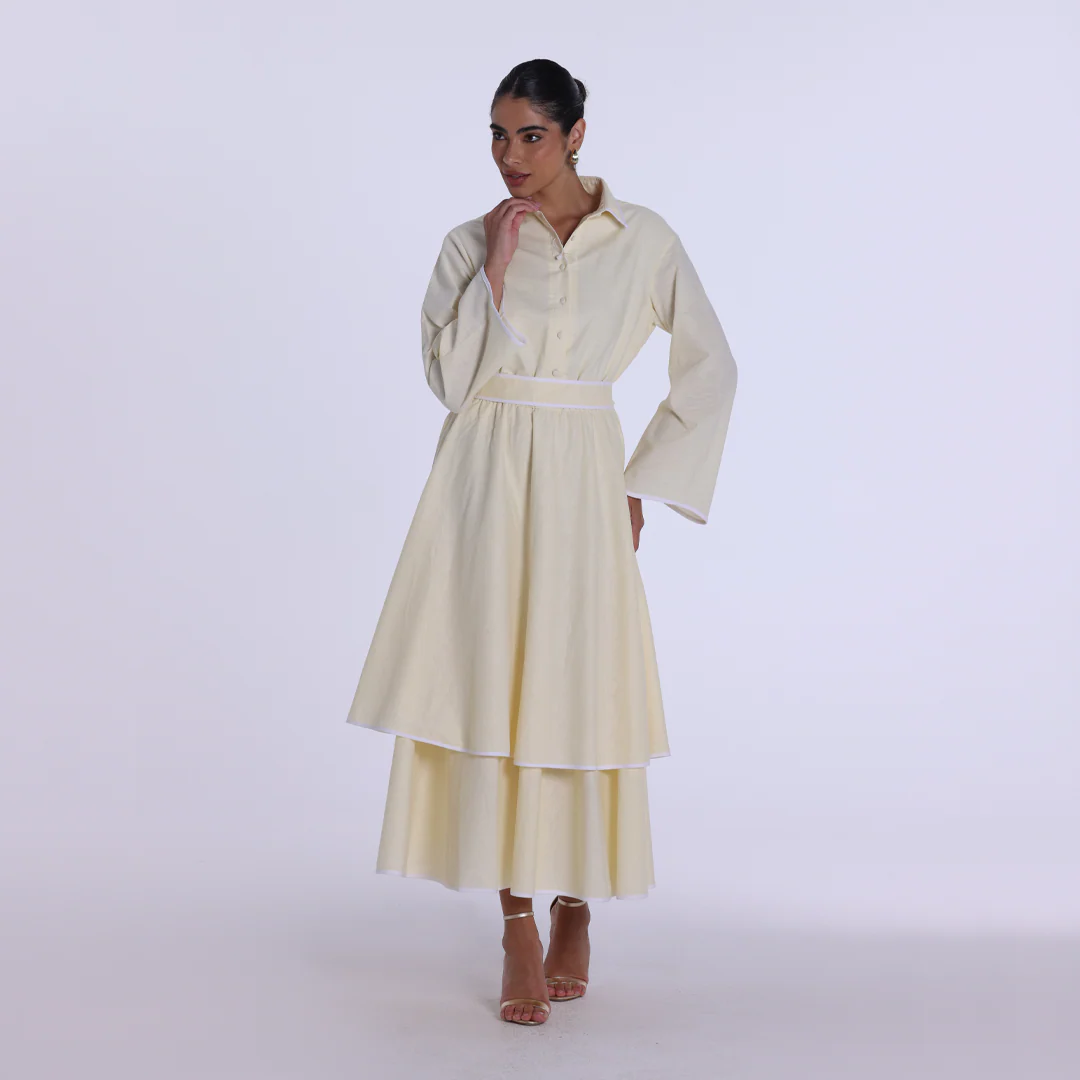 Yellow Linen Piping Long Sleeve Dress