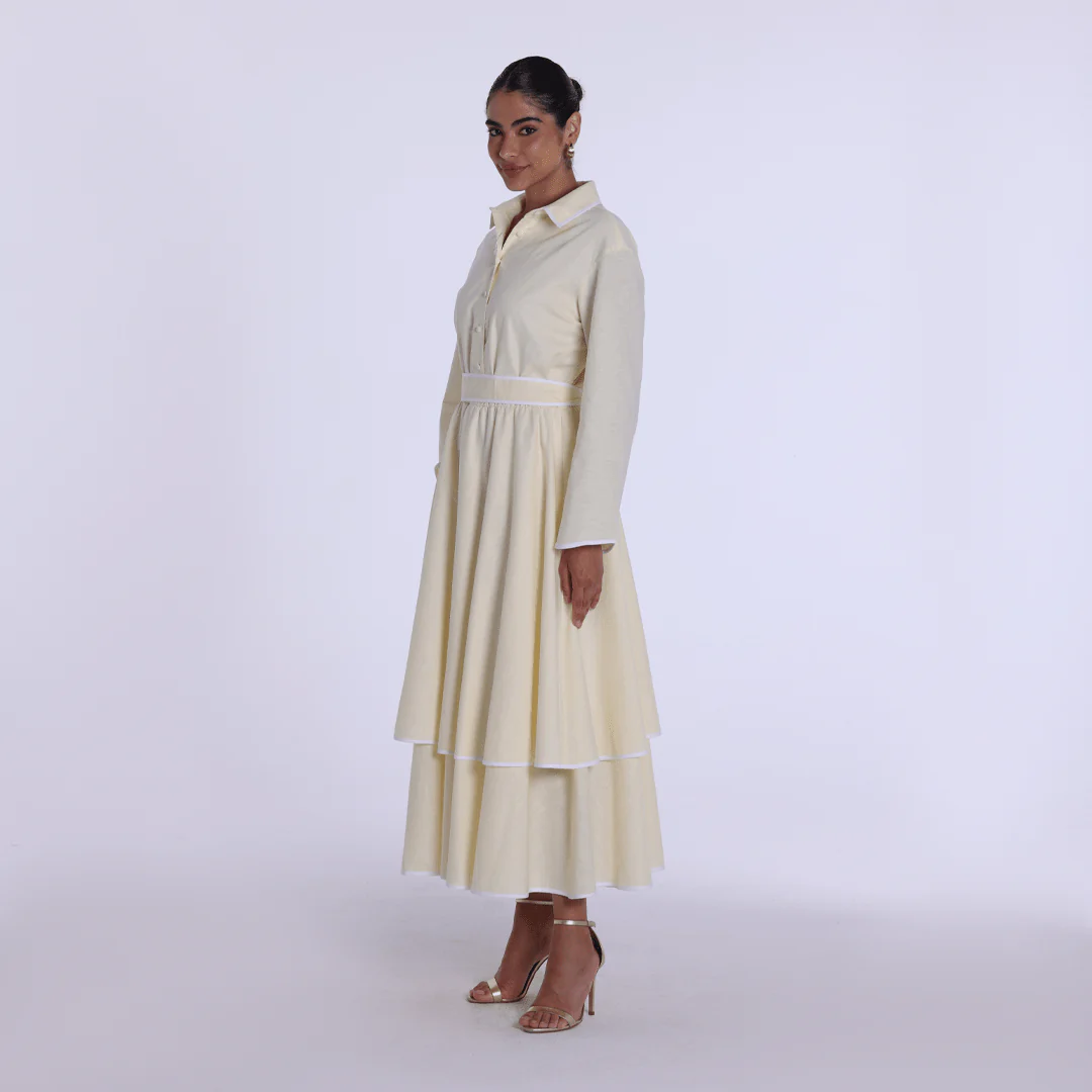Yellow Linen Piping Long Sleeve Dress - Image 2