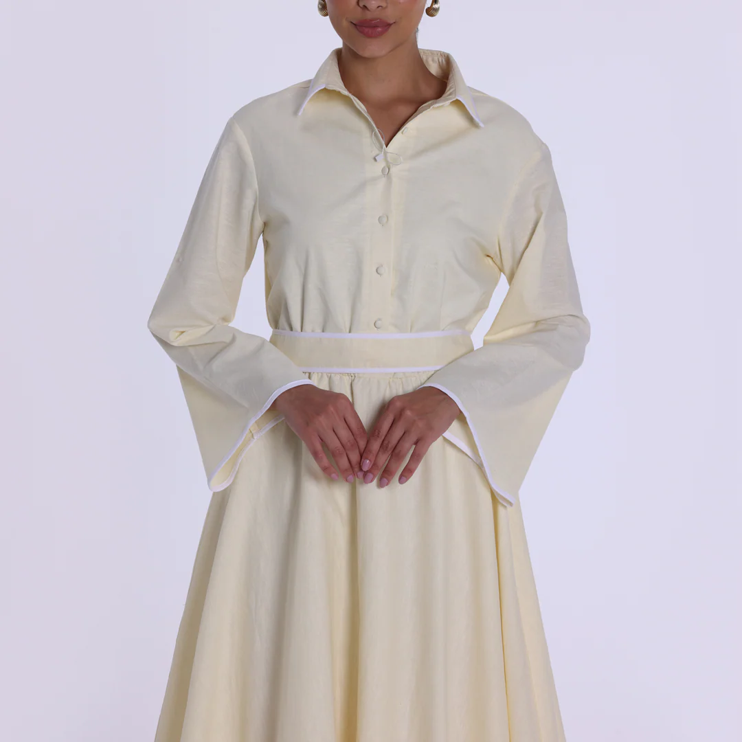 Yellow Linen Piping Long Sleeve Dress - Image 3