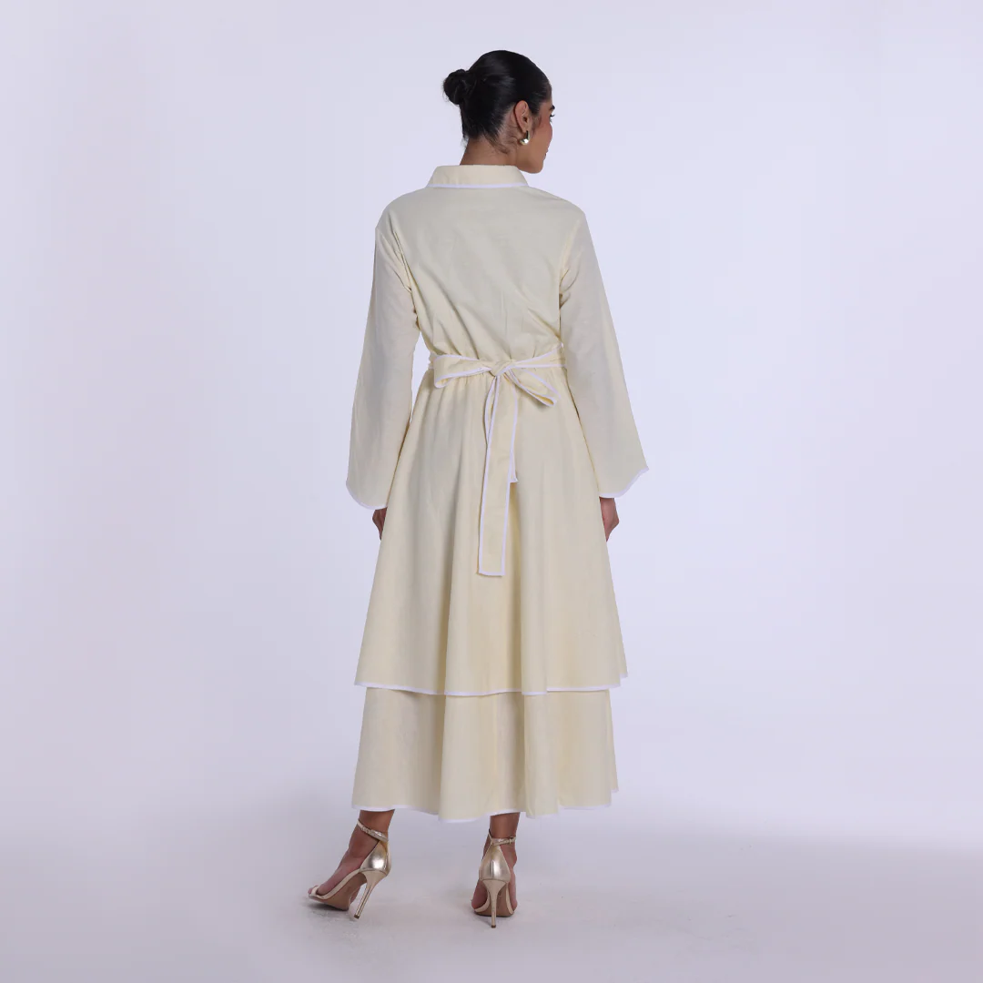 Yellow Linen Piping Long Sleeve Dress - Image 4