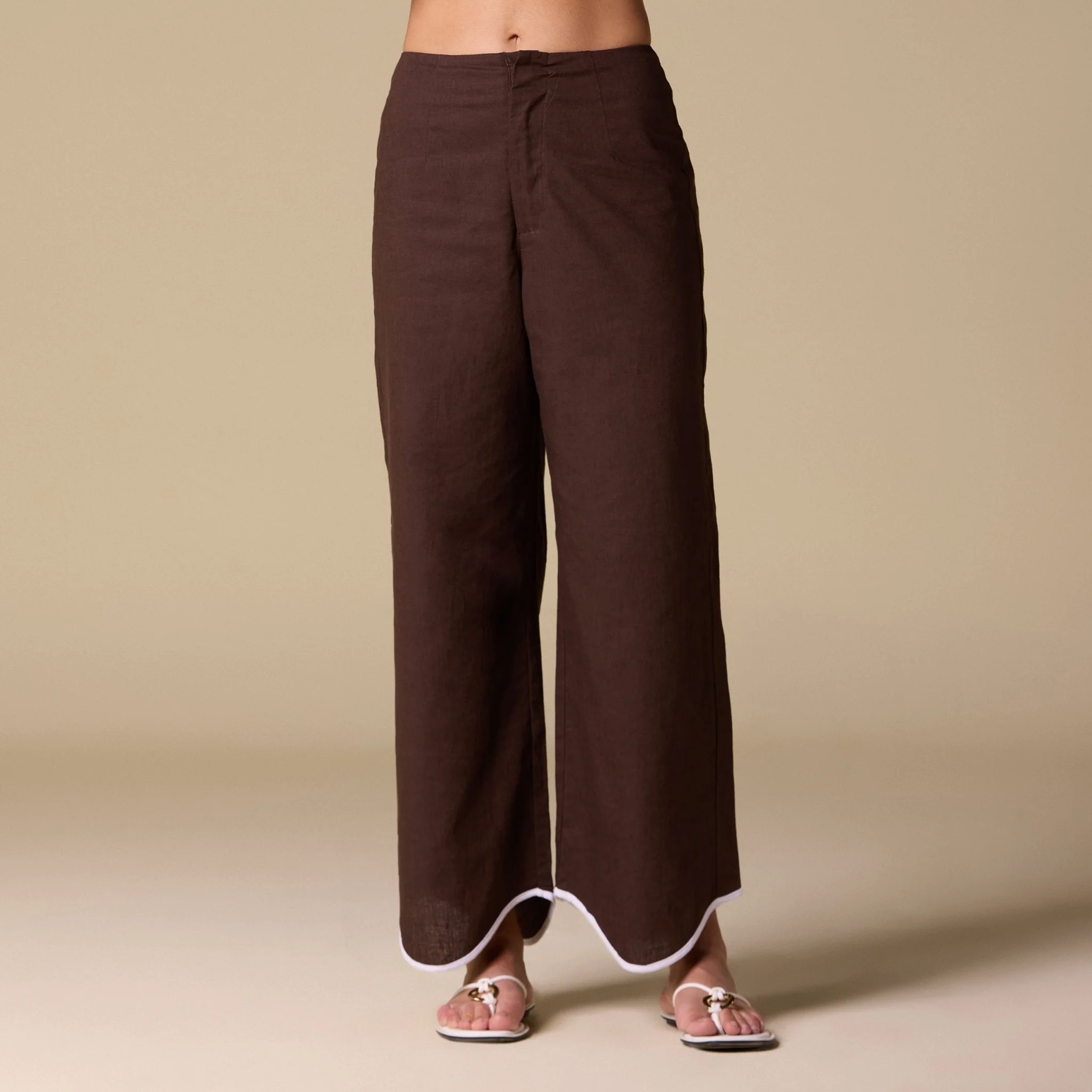 Brown Linen Piping Wide Leg Pants