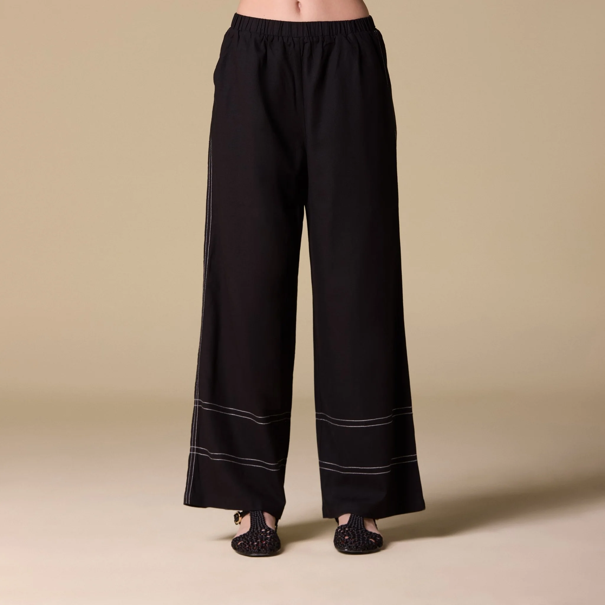 Black Linen White-Stitched Wide Leg Pants