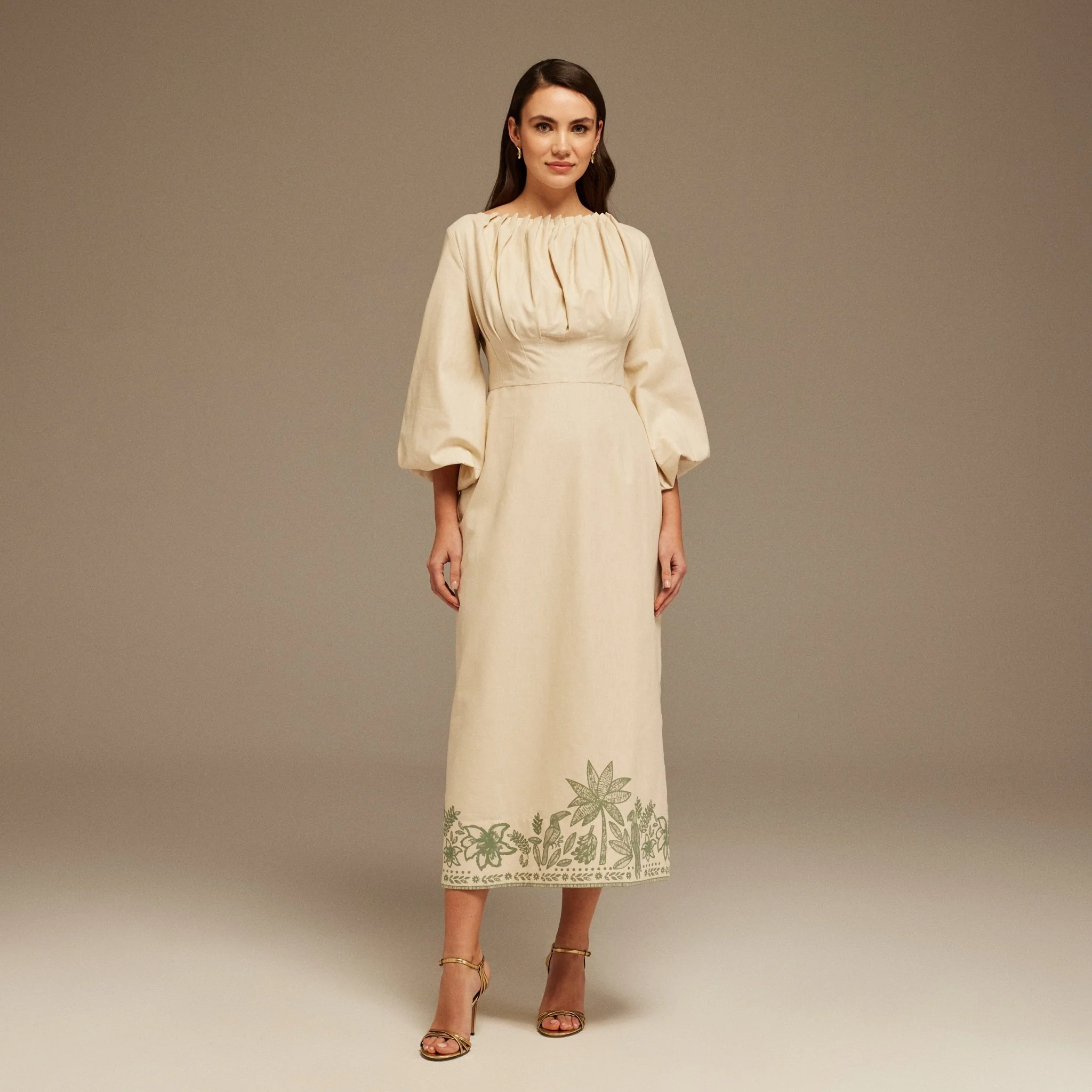 Long Puffy Sleeve Printed Midi Dress