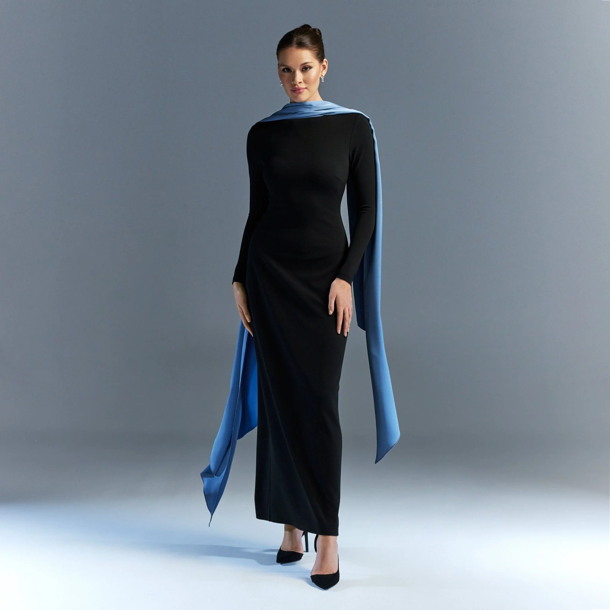 Long sleeve crepe dress with satin scarf - Image 2