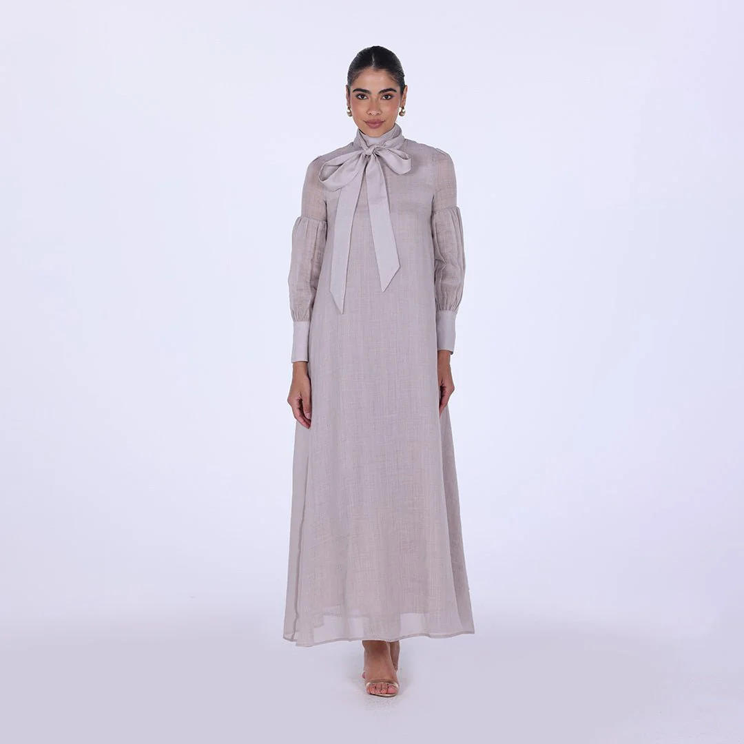 Beige Long Sleeve With Neck Bow Dress