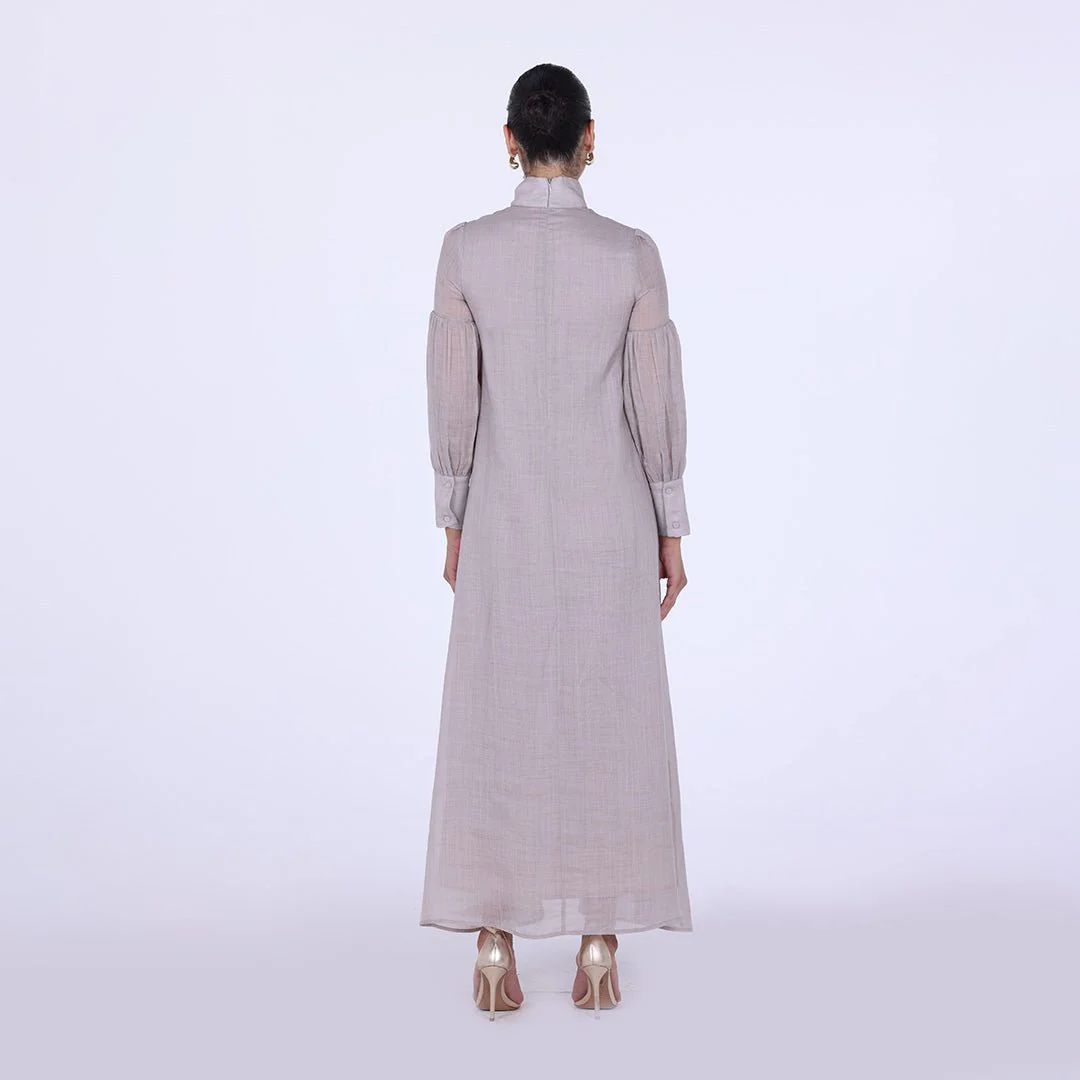 Beige Long Sleeve With Neck Bow Dress - Image 4