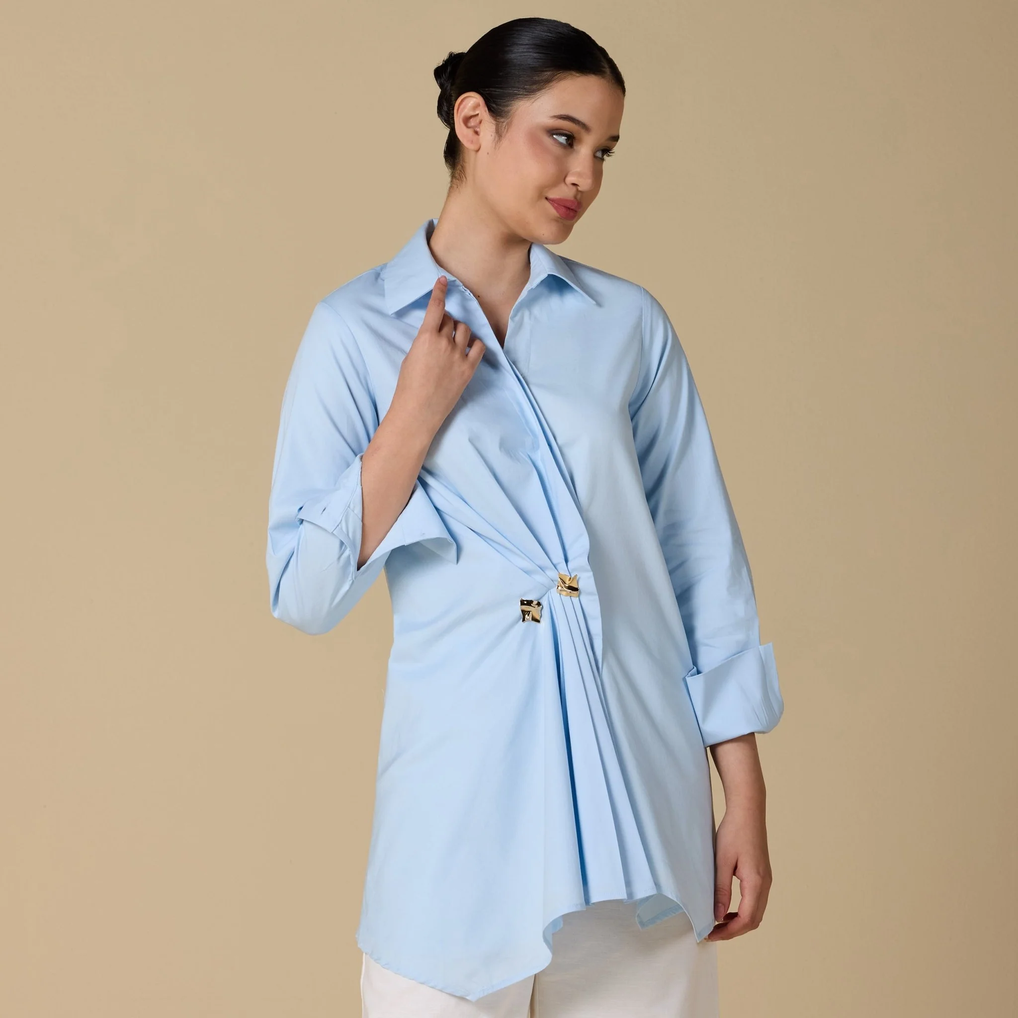 Baby Blue Poplin Long Sleeve Wrap Shirt - Image 2