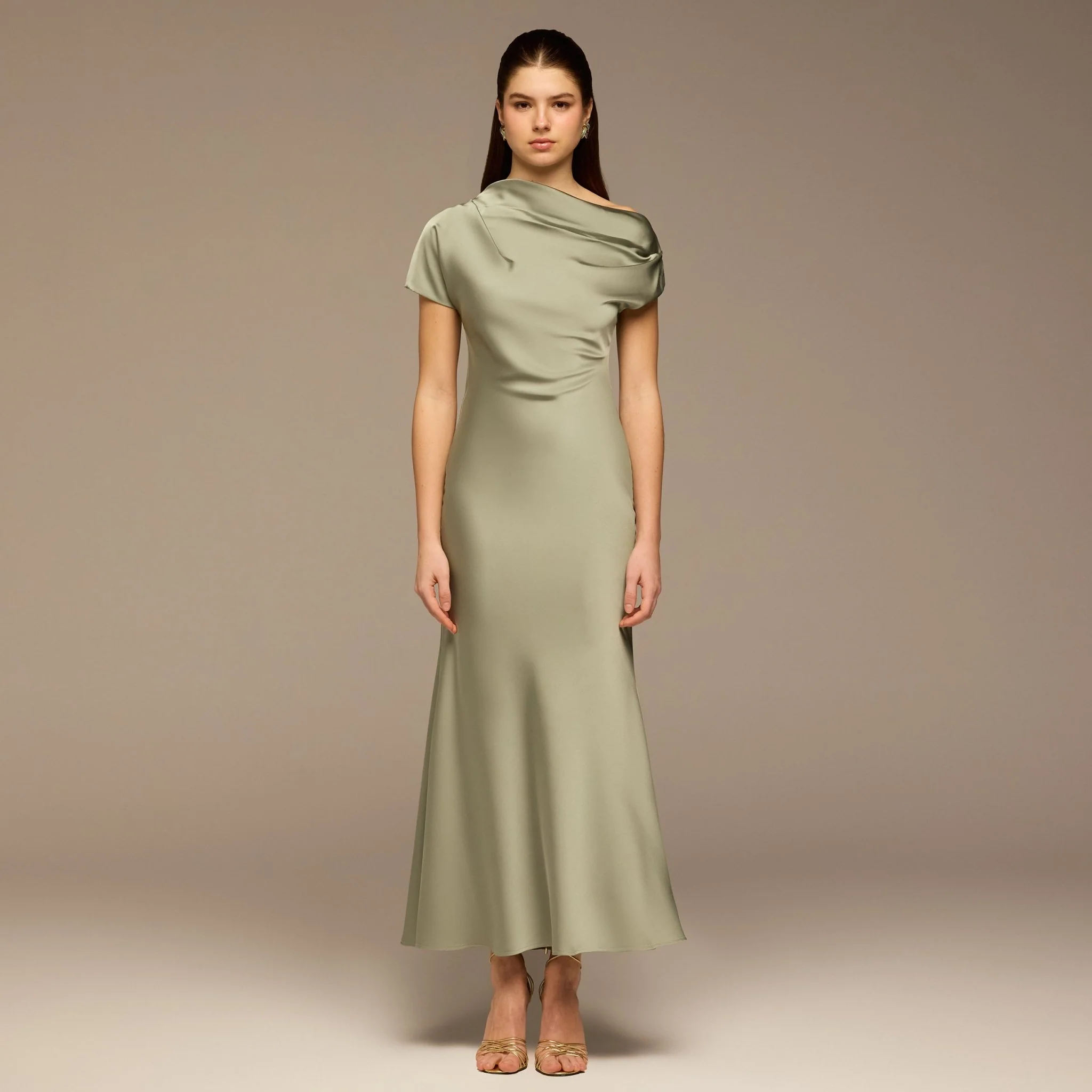 Mint Green Draped Neckline Satin Maxi Dress