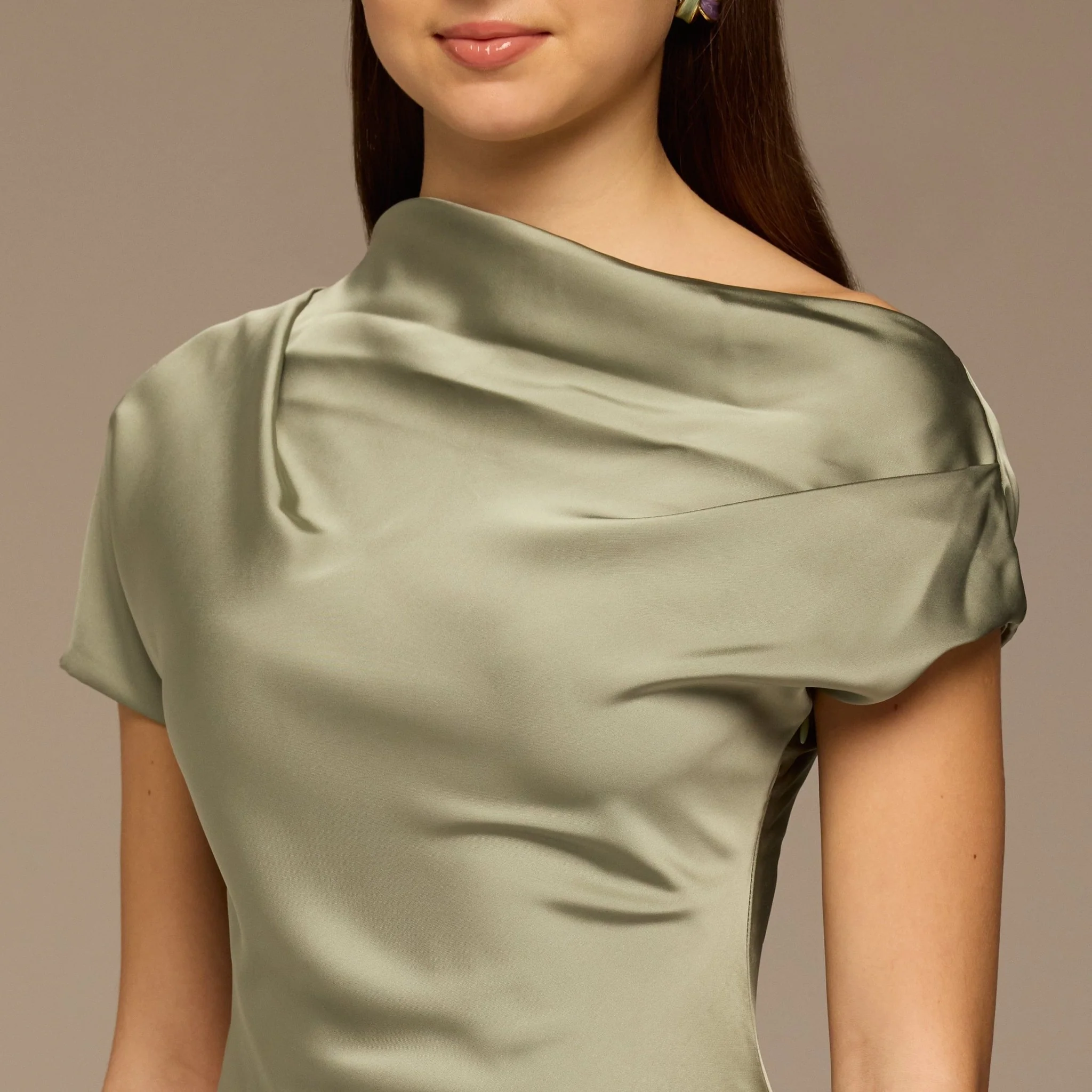 Mint Green Draped Neckline Satin Maxi Dress - Image 3