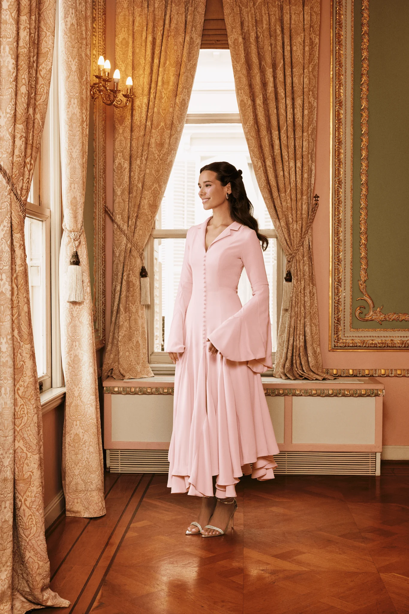 Pink Lapel Neck Button-Front Crepe Dress
