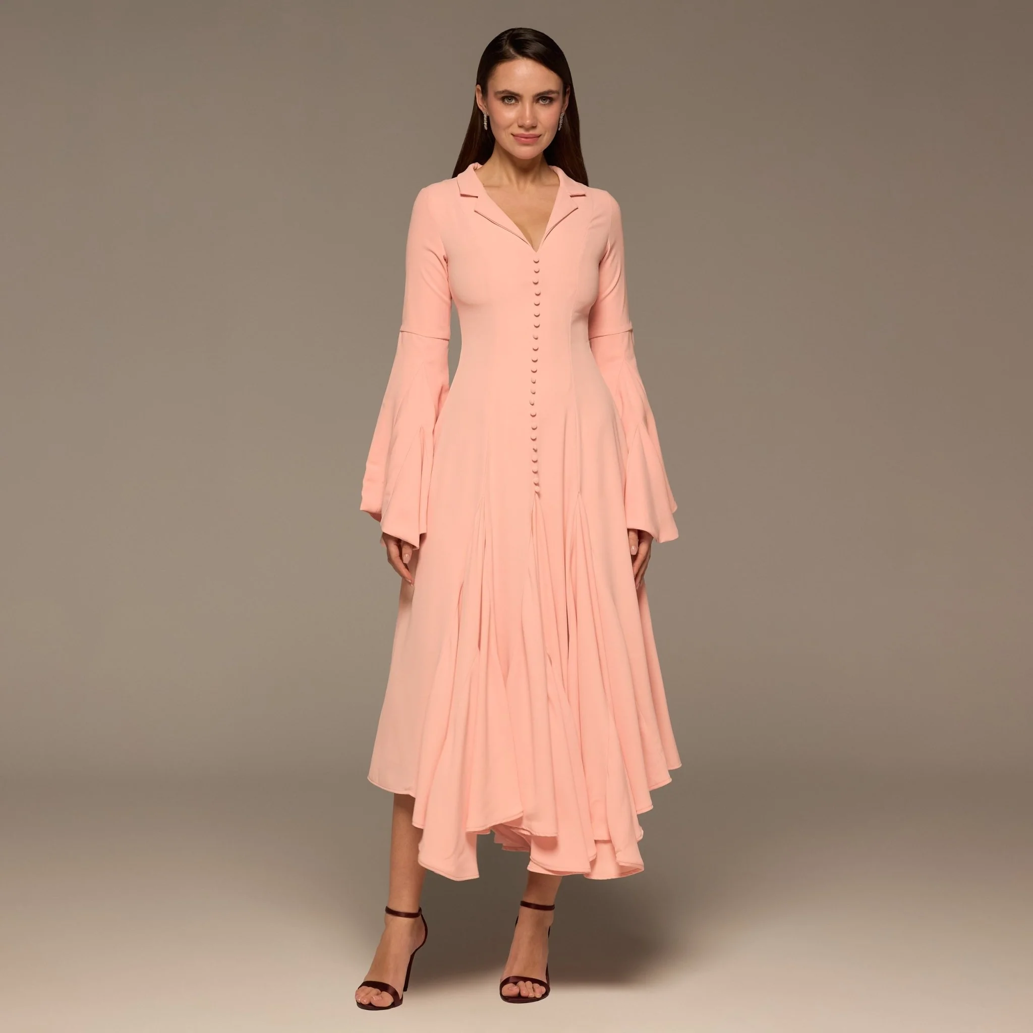 Pink Lapel Neck Button-Front Crepe Dress - Image 3