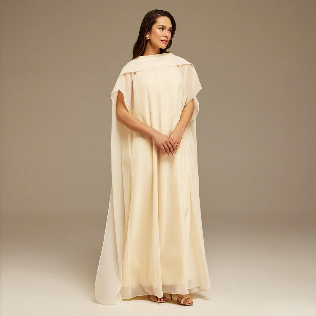Light yellow Halter Neckline Maxi Dress With Cape with scarf - Image 2
