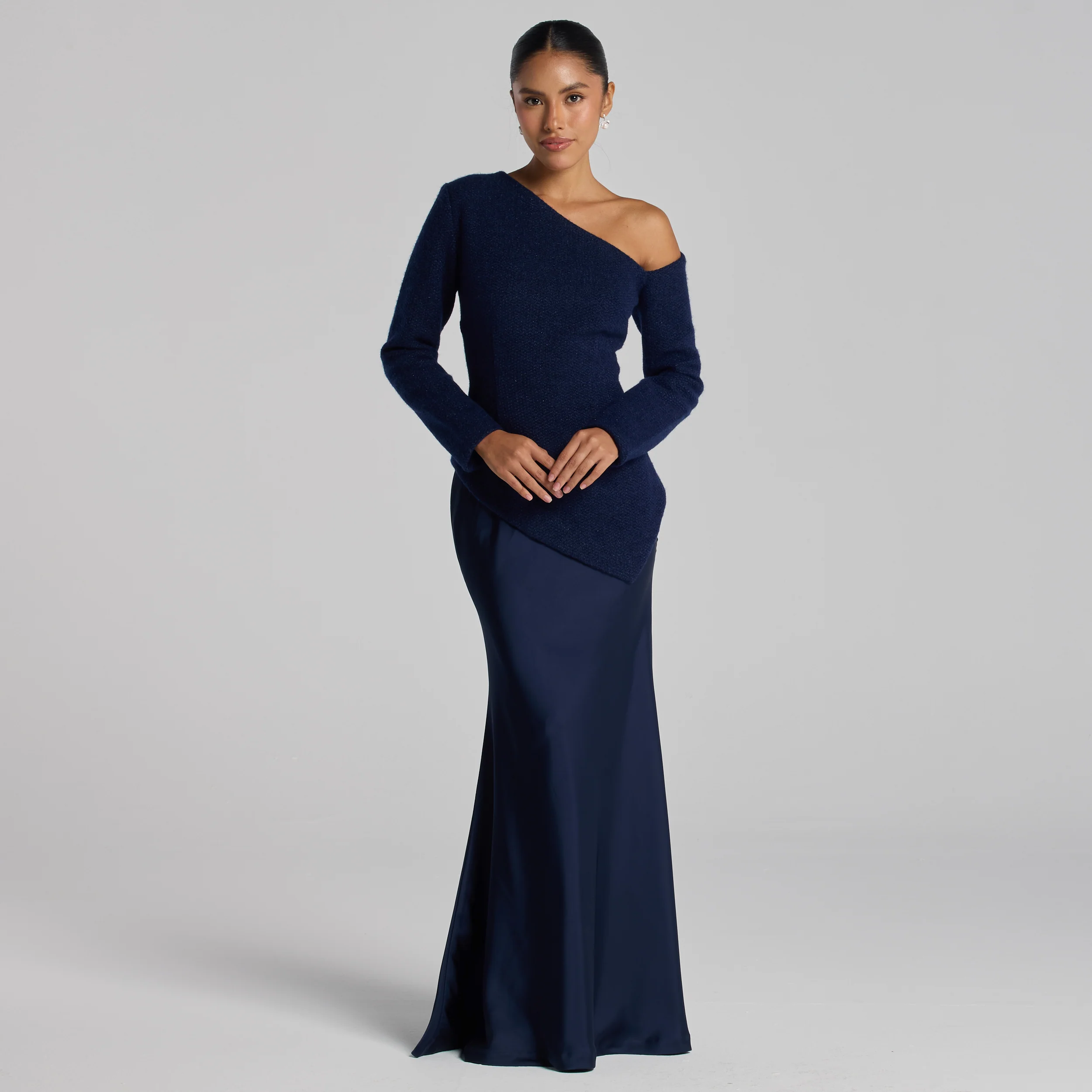 Navy Asymmetric Neckline Tweed-Satin Dress