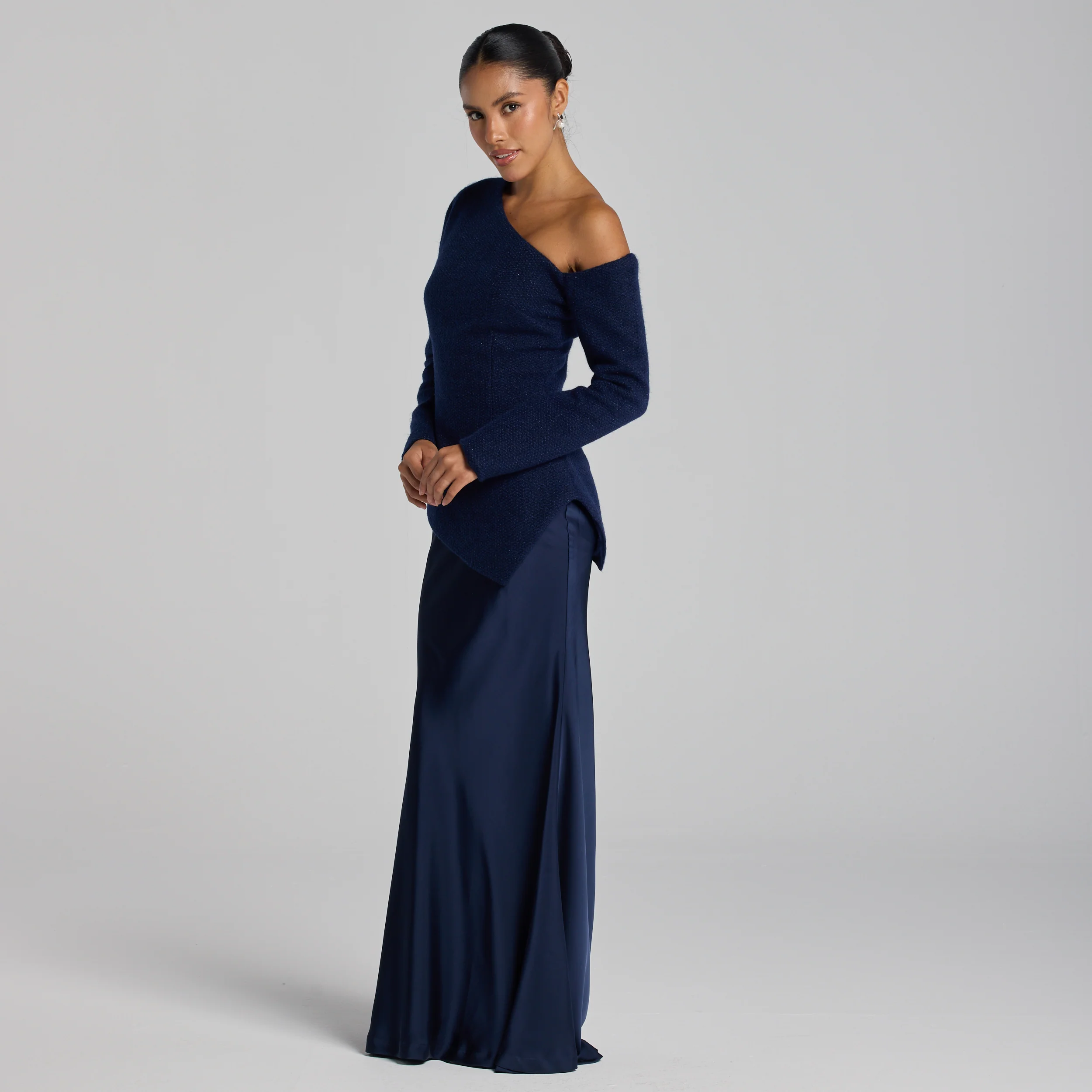 Navy Asymmetric Neckline Tweed-Satin Dress - Image 2