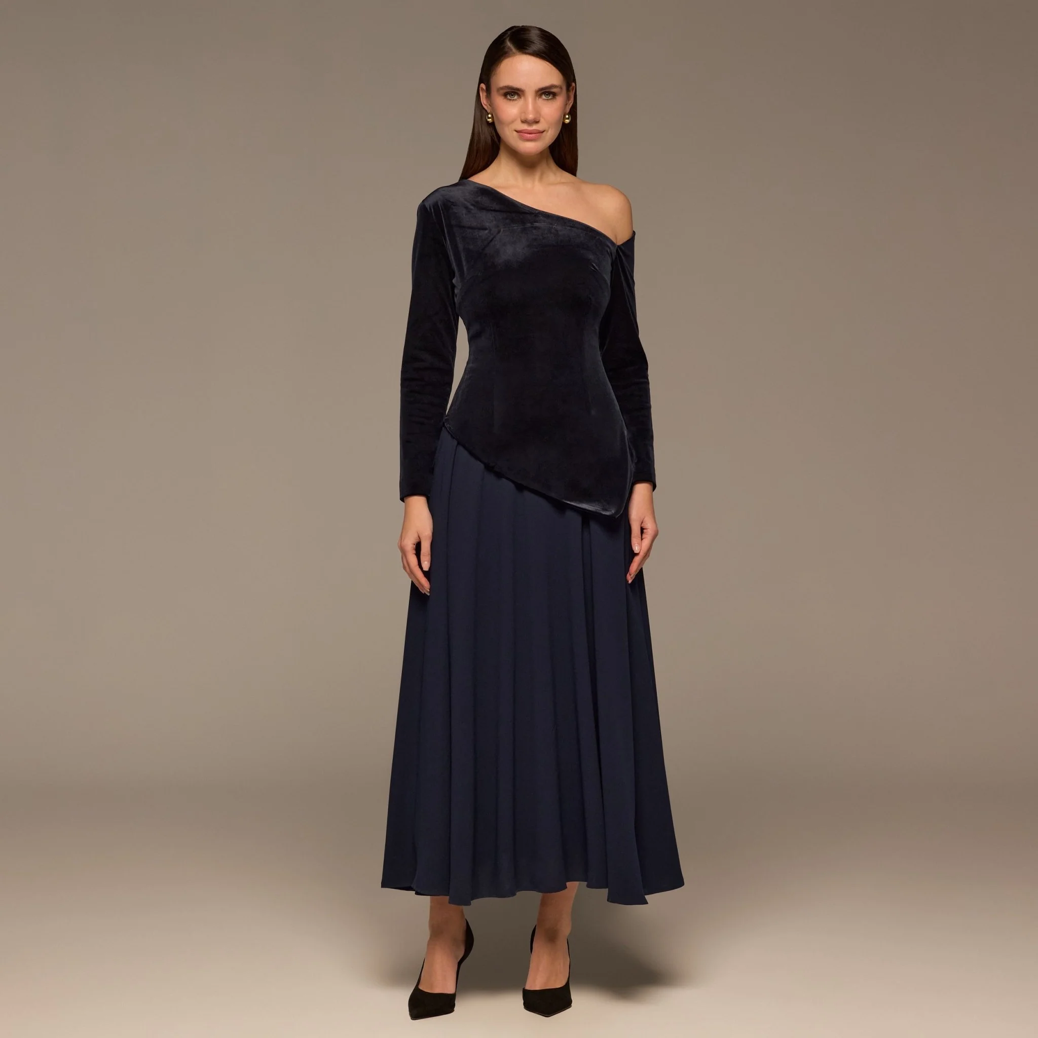 Navy Asymmetric Velvet and Crepe A-Line Dress