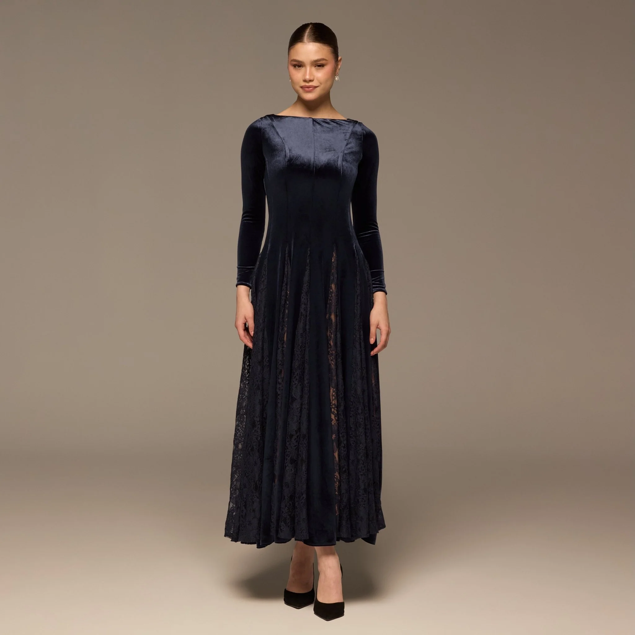 Navy Velvet Maxi Dress with Lace Godets