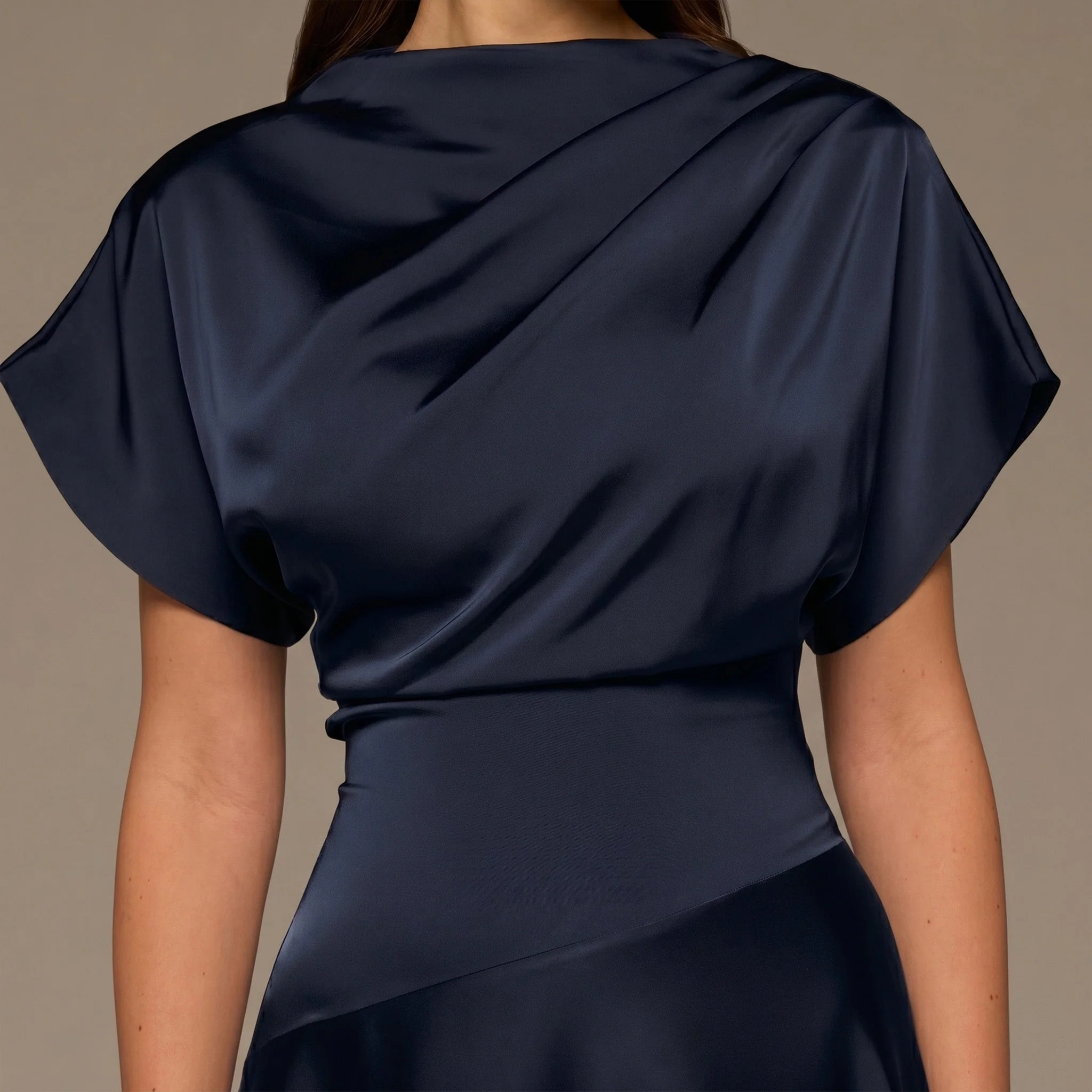Navy Short Sleeve Asymmetric Satin Dress - Image 2