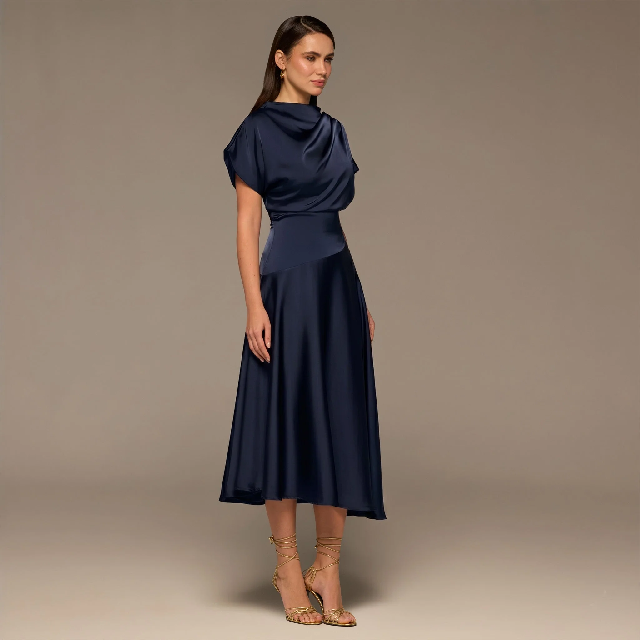 Navy Short Sleeve Asymmetric Satin Dress - Image 3