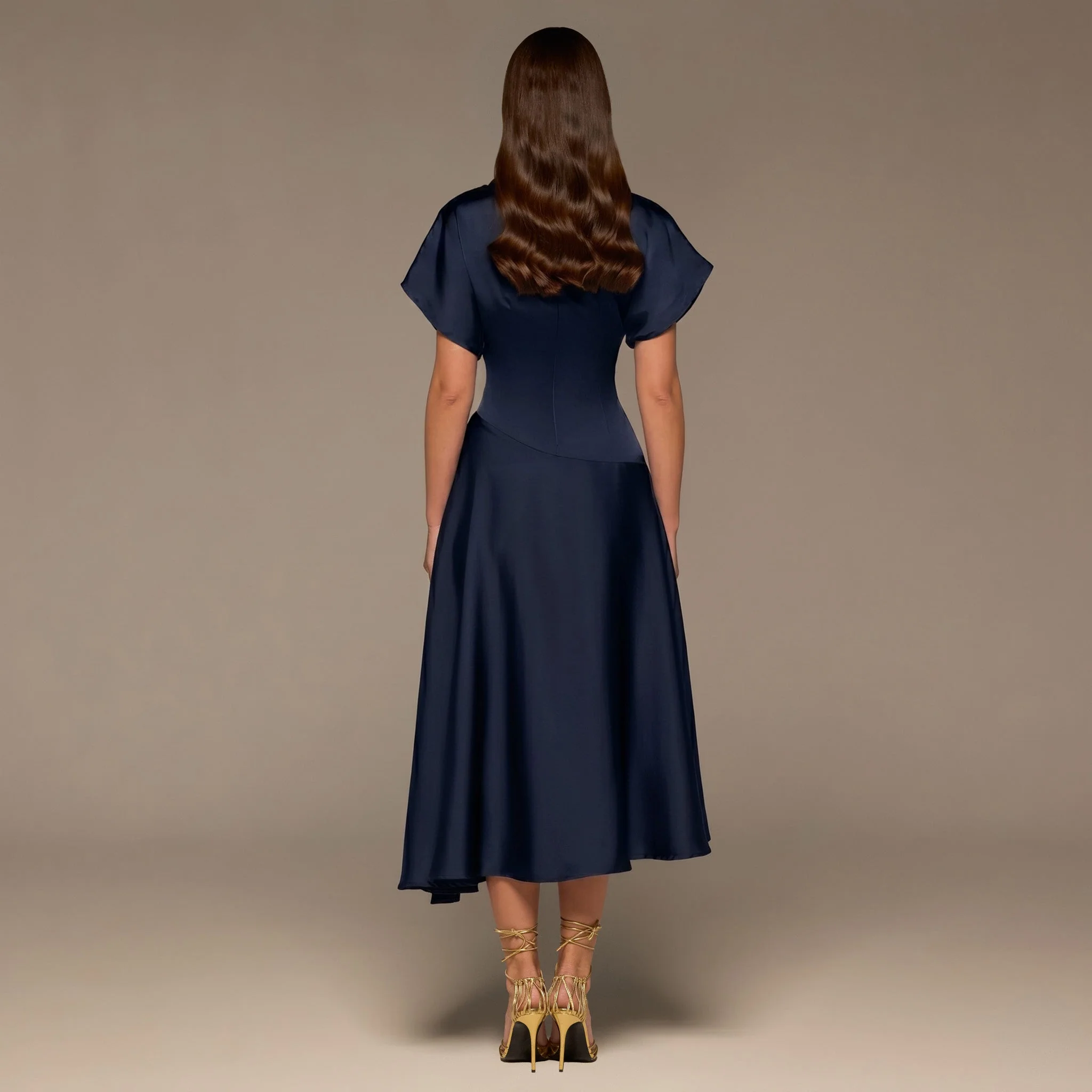 Navy Short Sleeve Asymmetric Satin Dress - Image 4