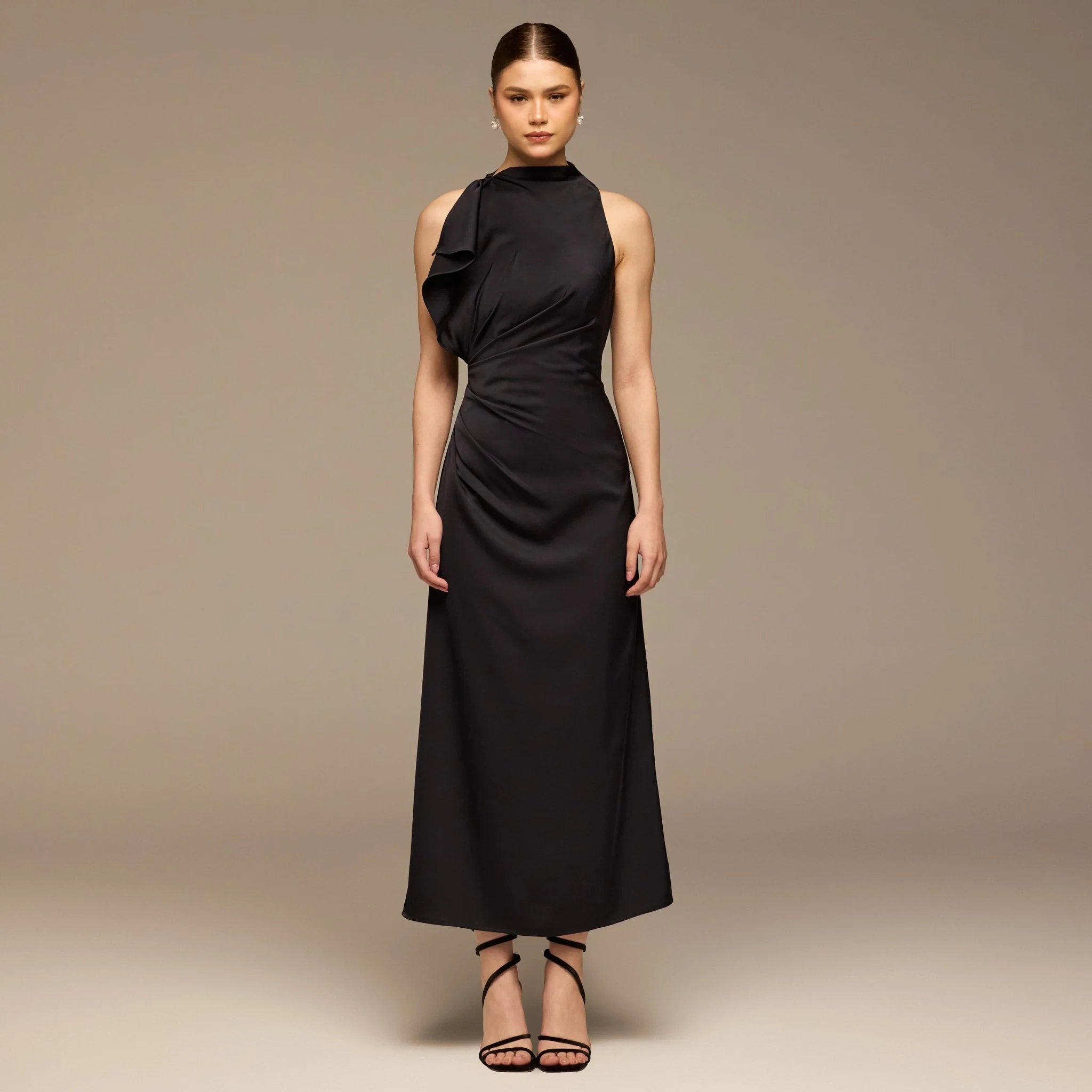 Black Crepe Satin Draped Maxi Dress