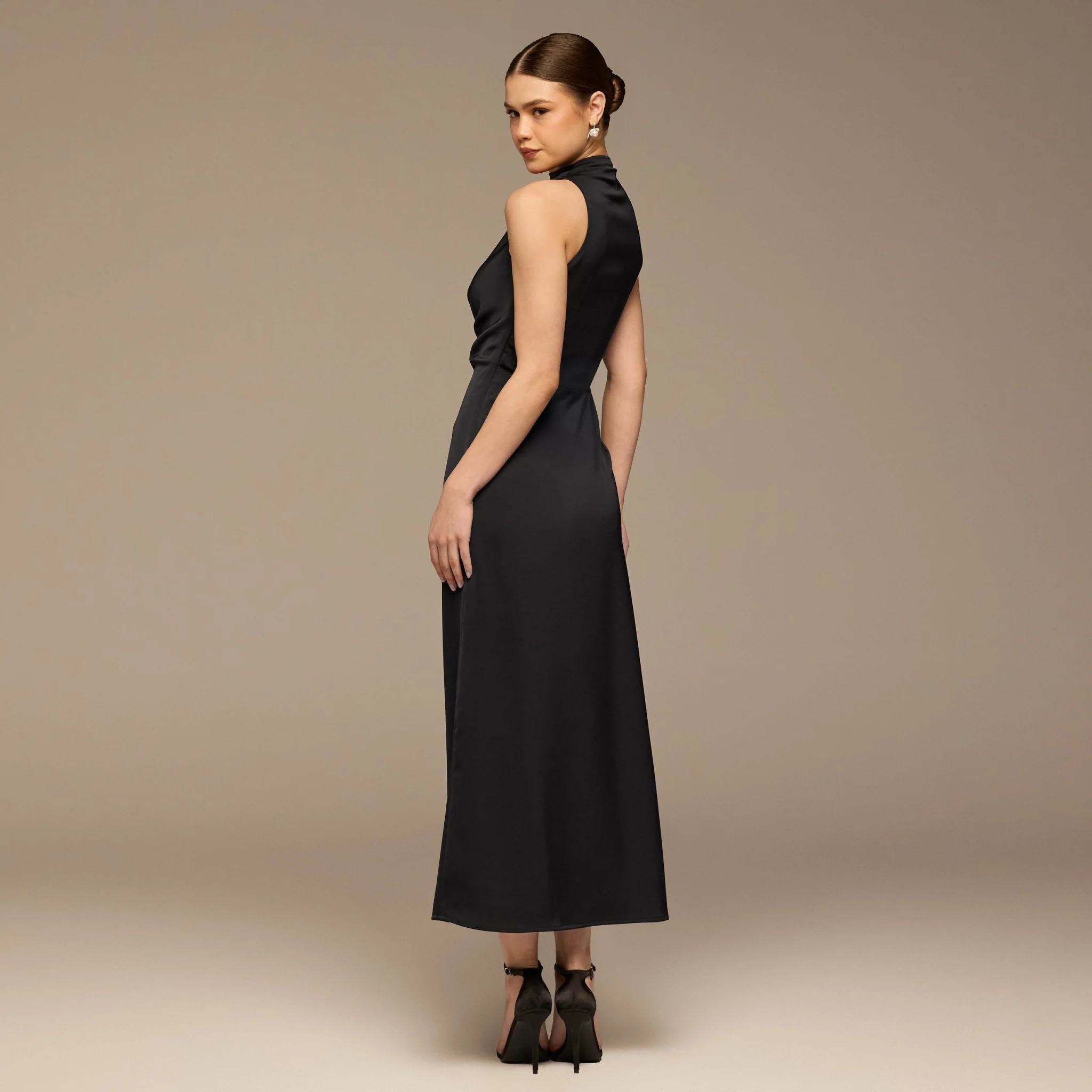 Black Crepe Satin Draped Maxi Dress - Image 4