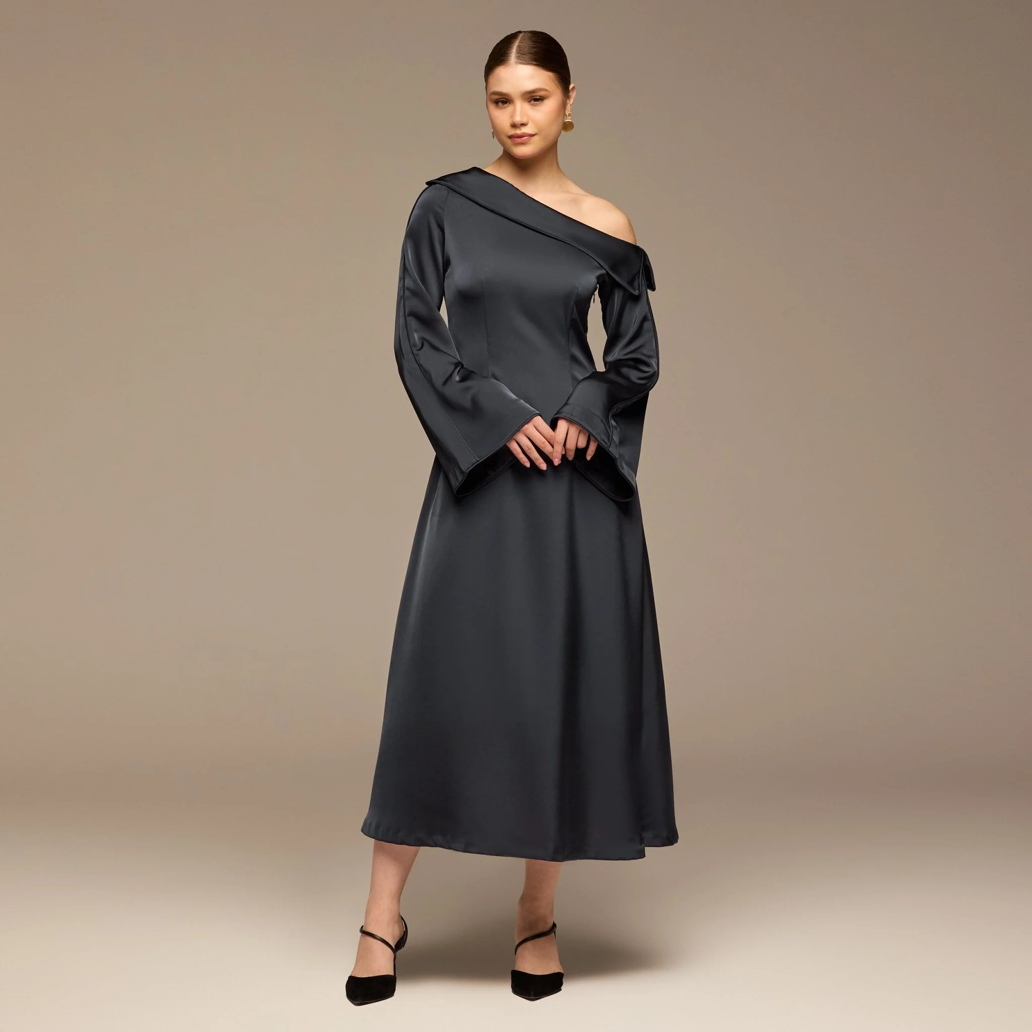 Navy Fold Neck Satin Dress - Image 2