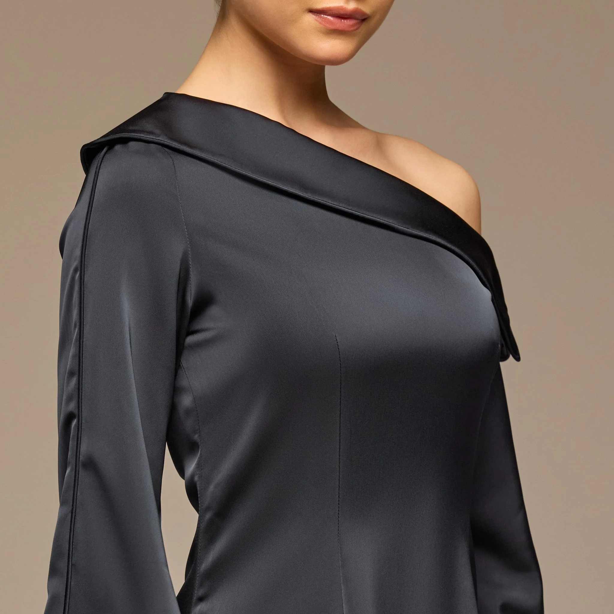 Navy Fold Neck Satin Dress - Image 3