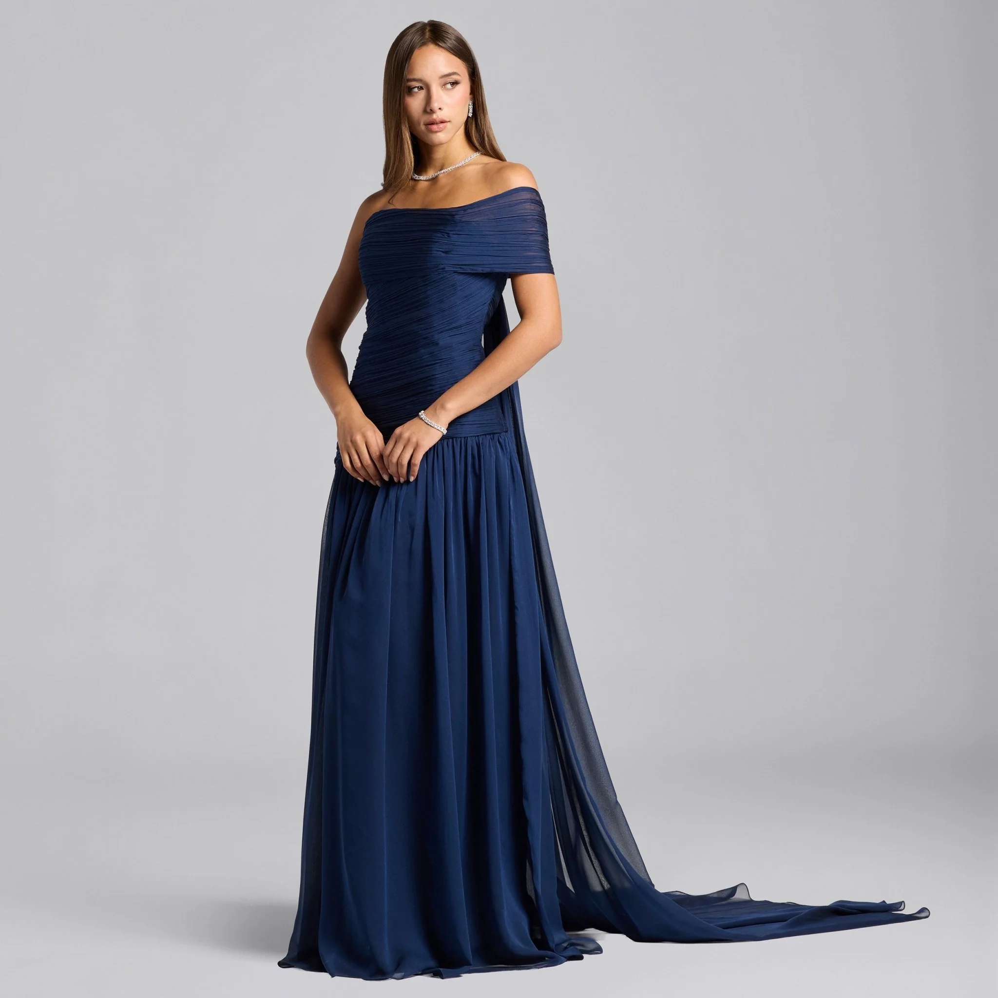 Navy Chiffon Ruched Gown with Back Scarf - Image 2