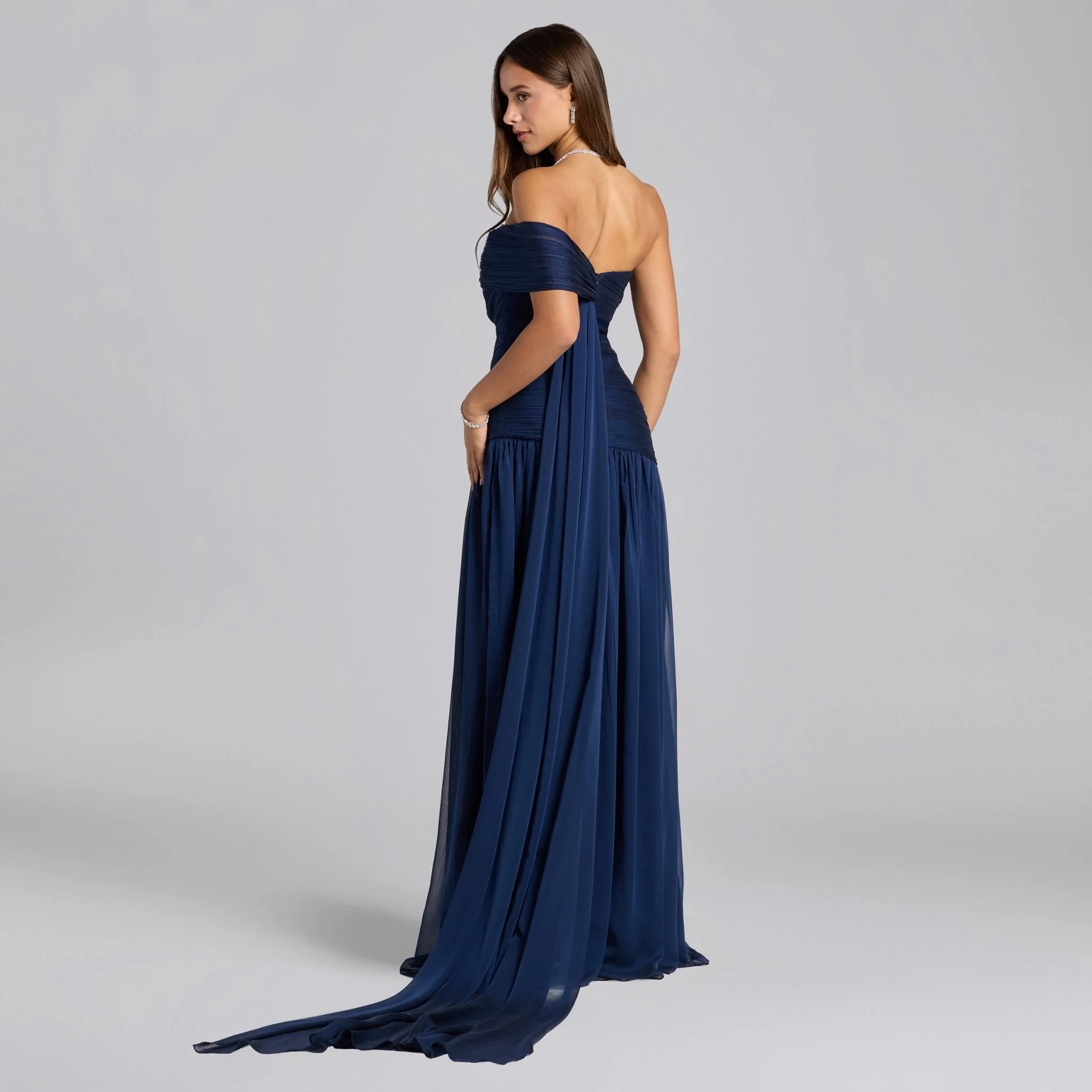 Navy Chiffon Ruched Gown with Back Scarf - Image 4