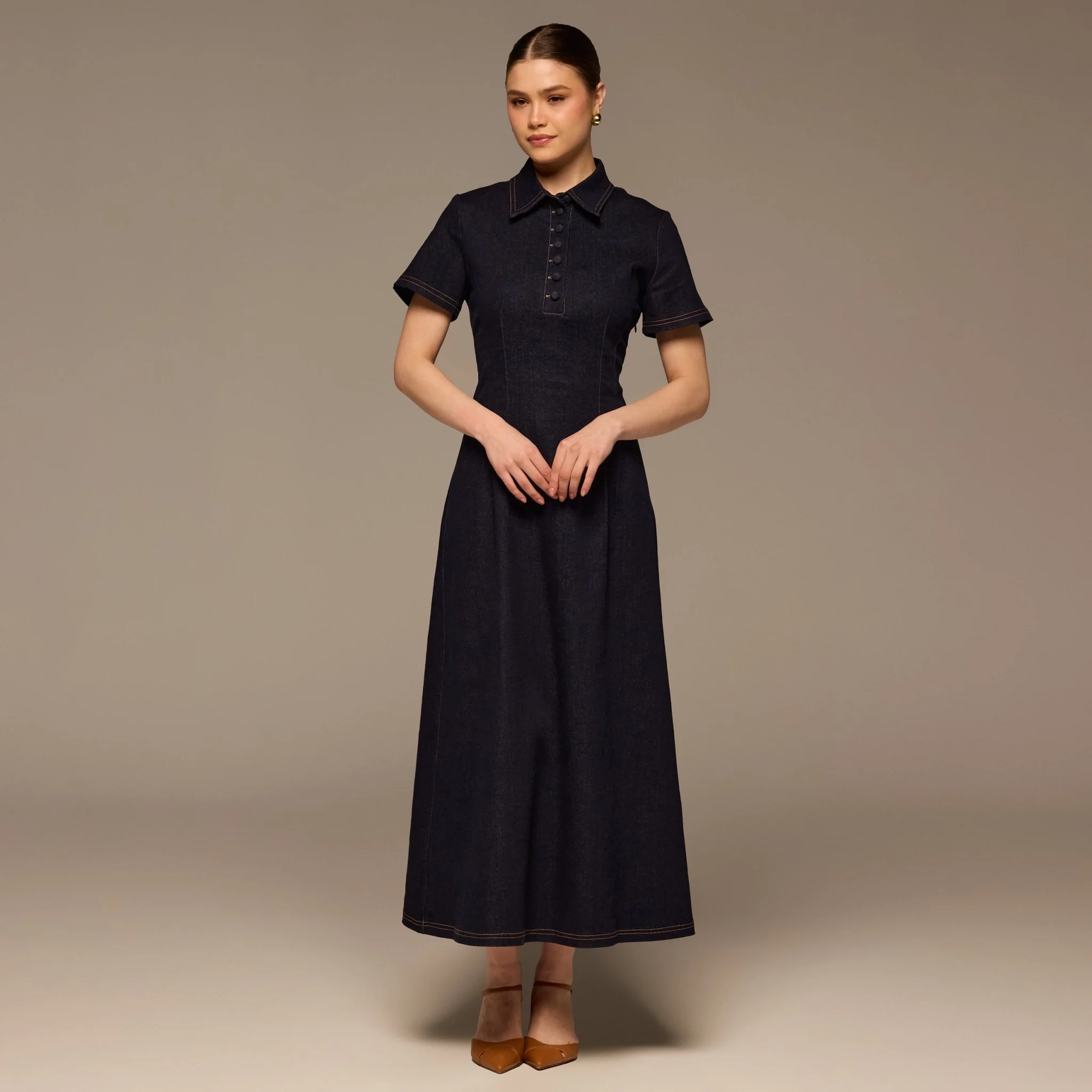 Collared Denim Midi Dress