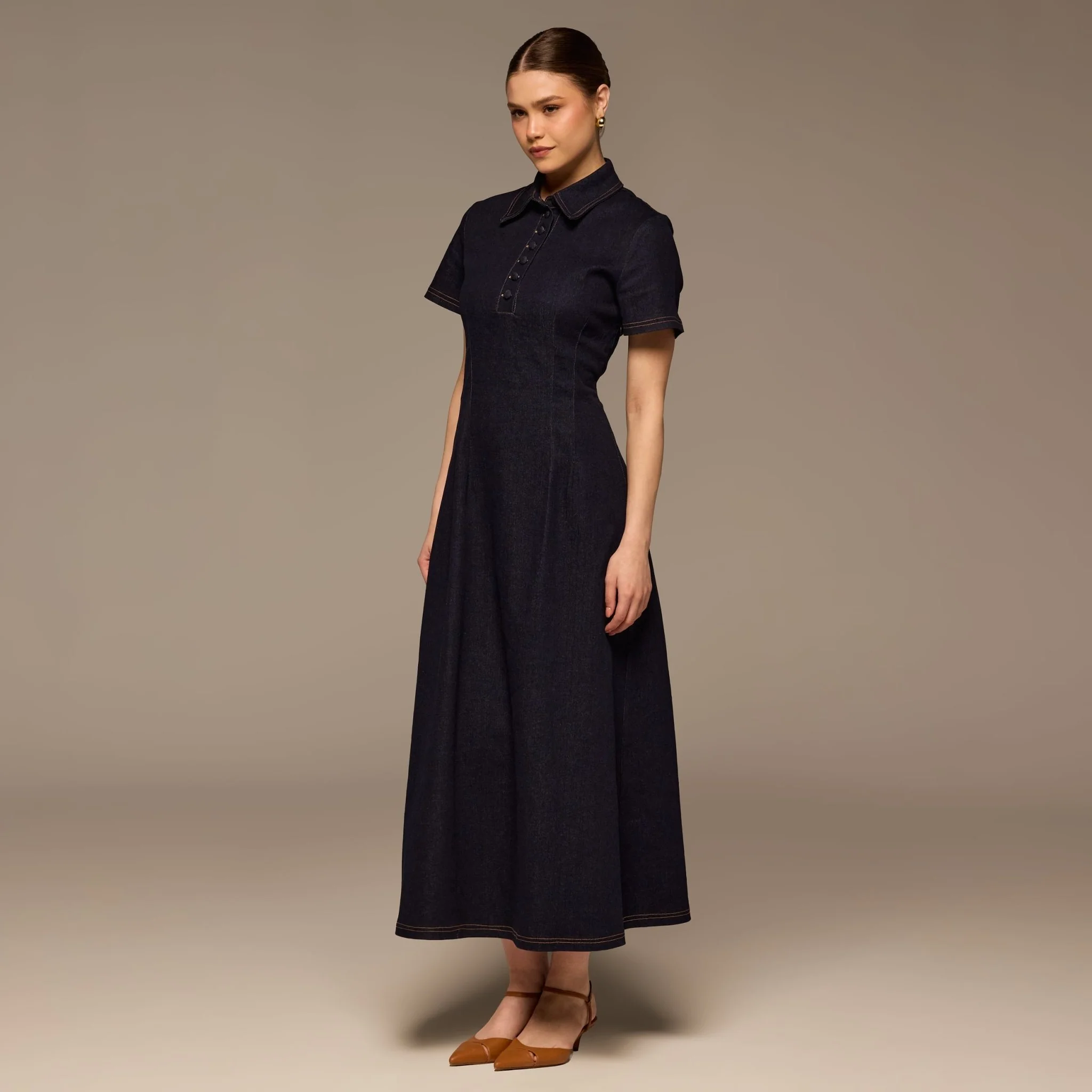 Collared Denim Midi Dress - Image 2