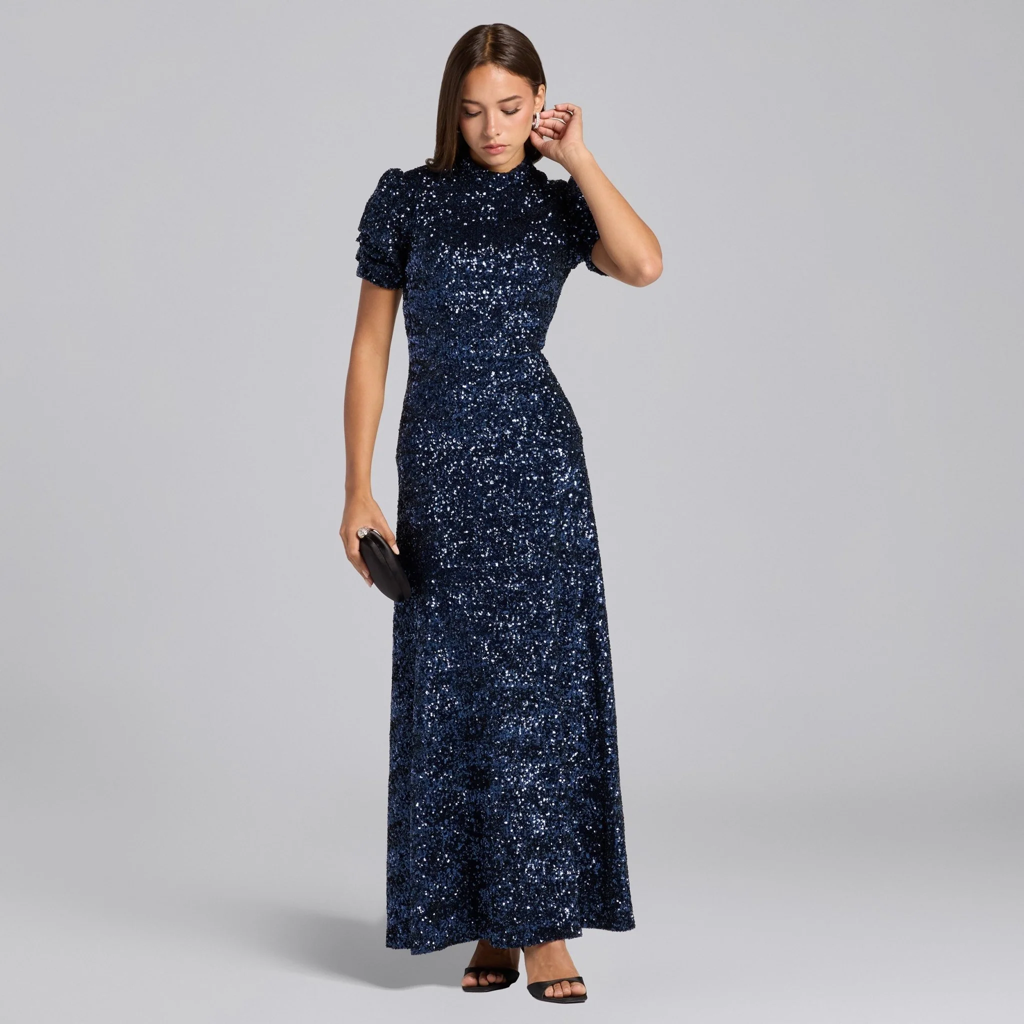 Navy Sequin Puff Sleeve Maxi Dress - Image 2