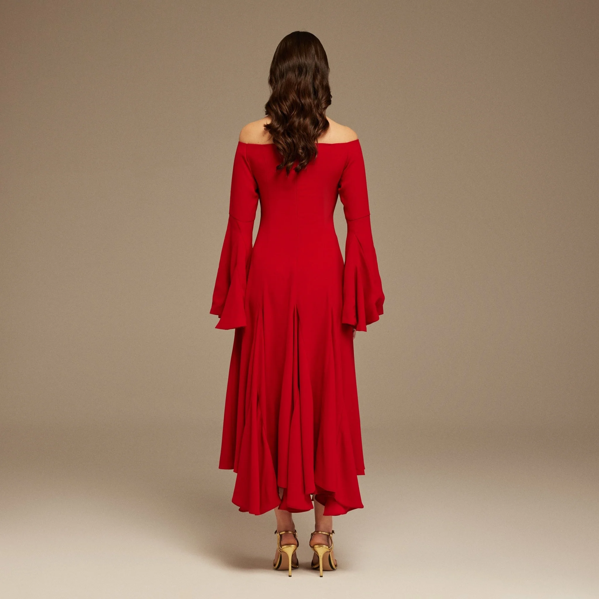 Red Off-Shoulder Aline Midi Crepe Dress - Image 4