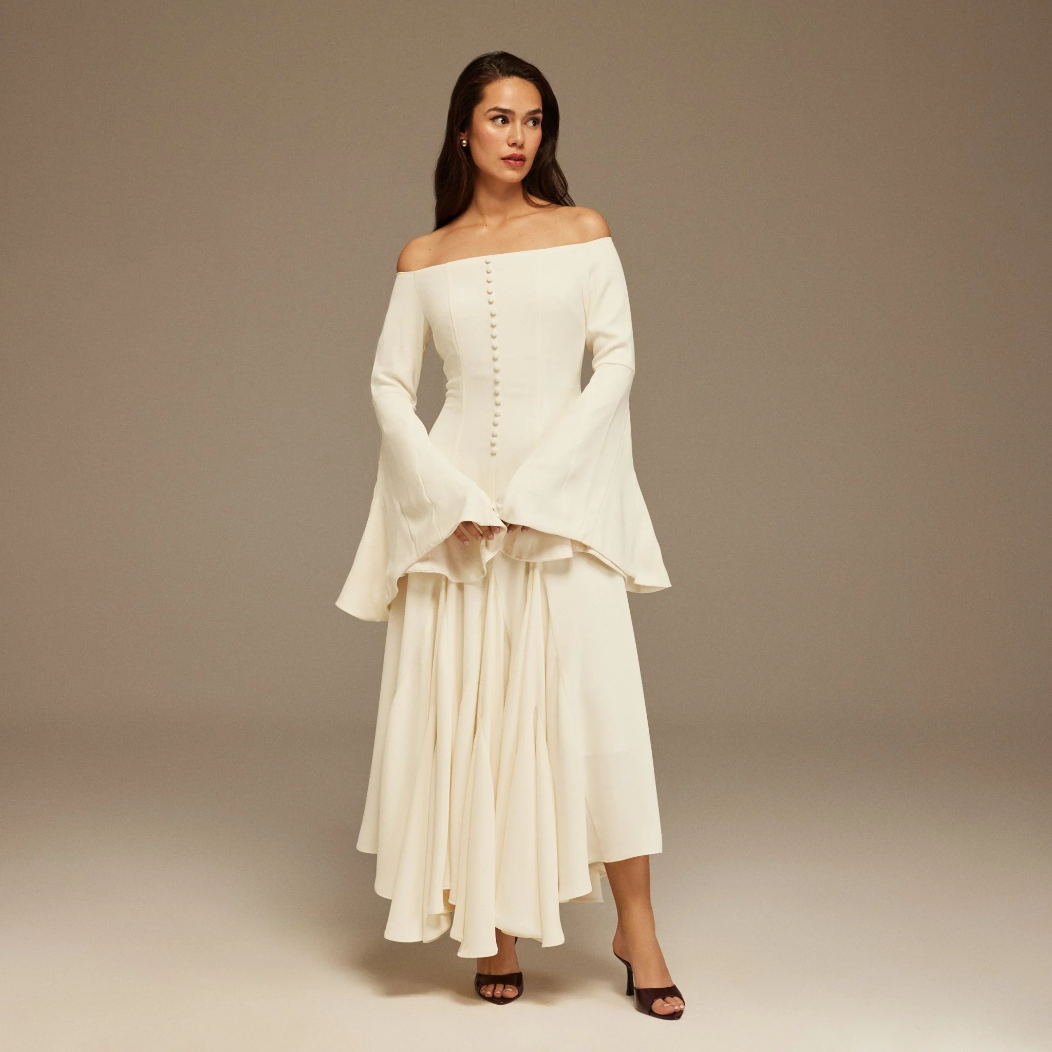 Off White Off-Shoulder Aline Midi Crepe Dress - Image 2