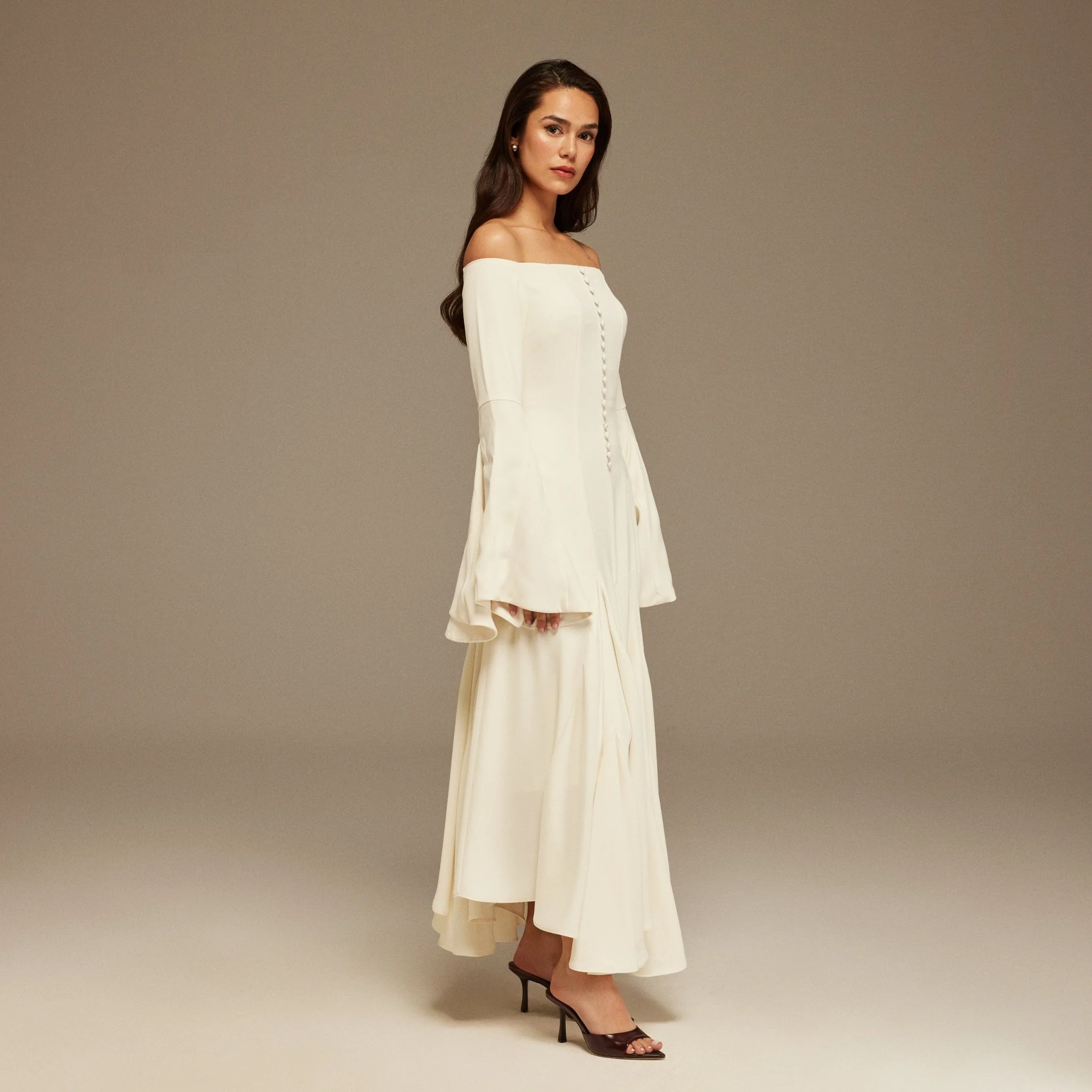 Off White Off-Shoulder Aline Midi Crepe Dress - Image 3